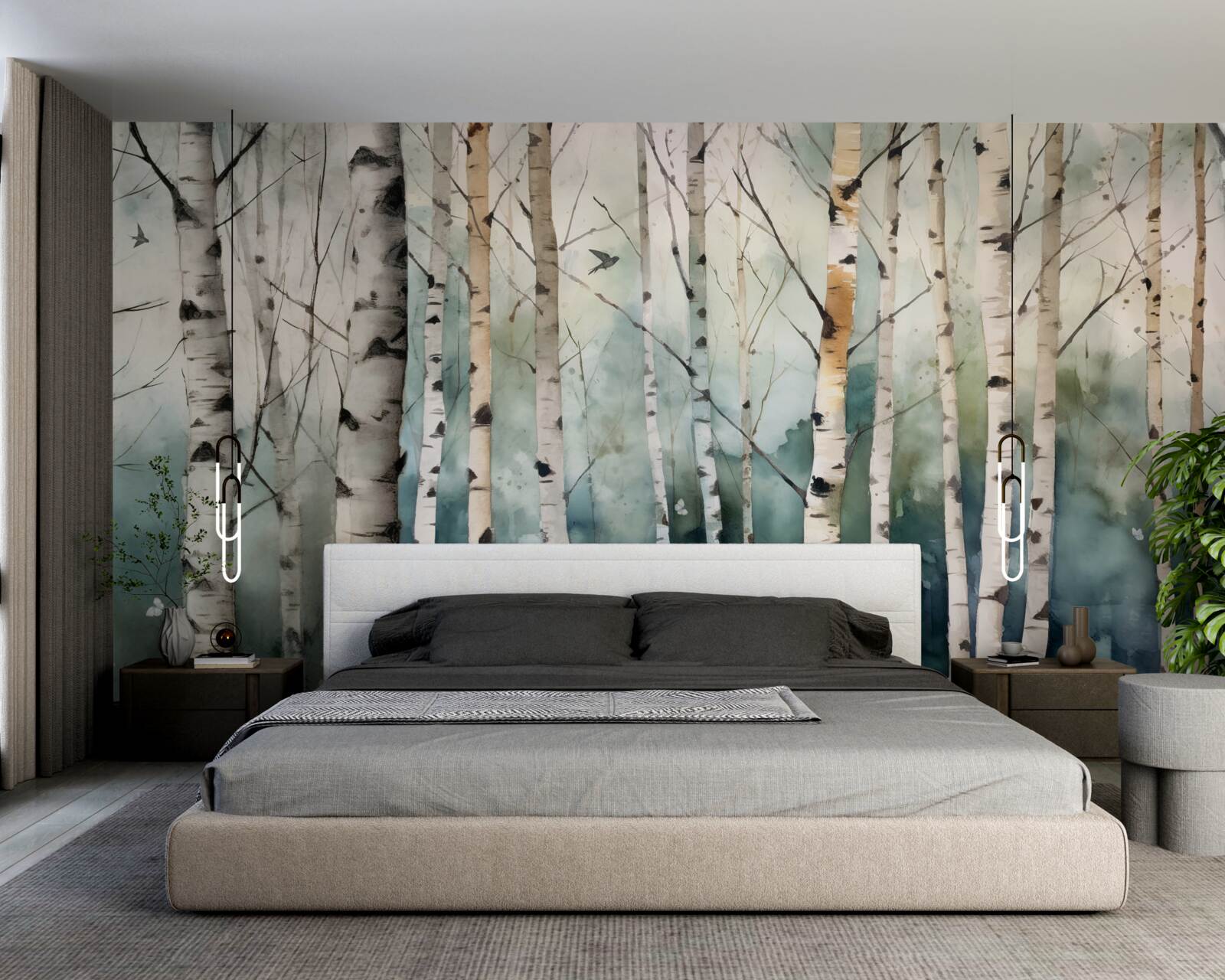 Papier peint aquarelle représentant un bosquet de bouleaux élancés