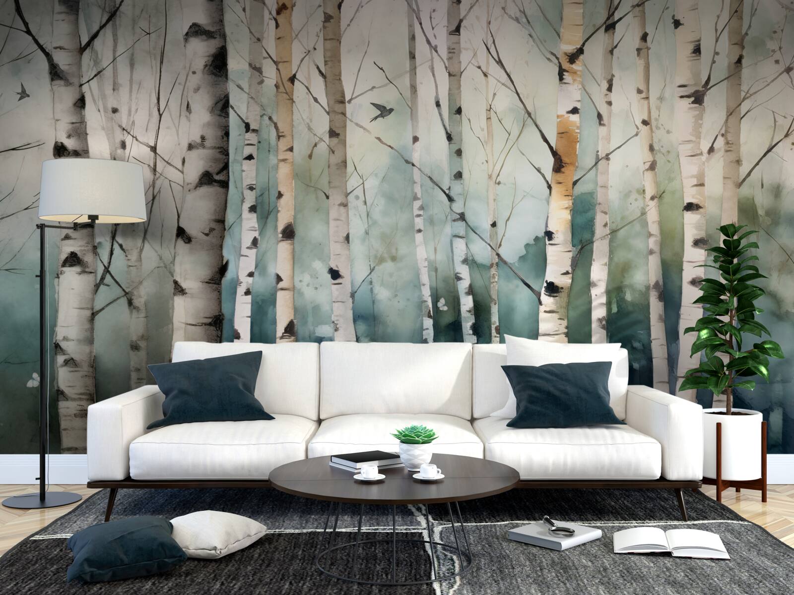 Papier peint aquarelle représentant un bosquet de bouleaux élancés