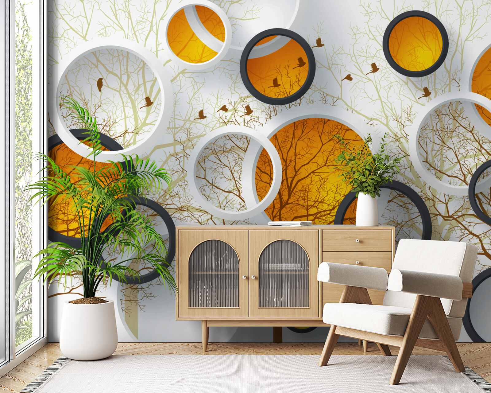 Papier peint des arbres en automne et des cercles blancs comme neige avec des