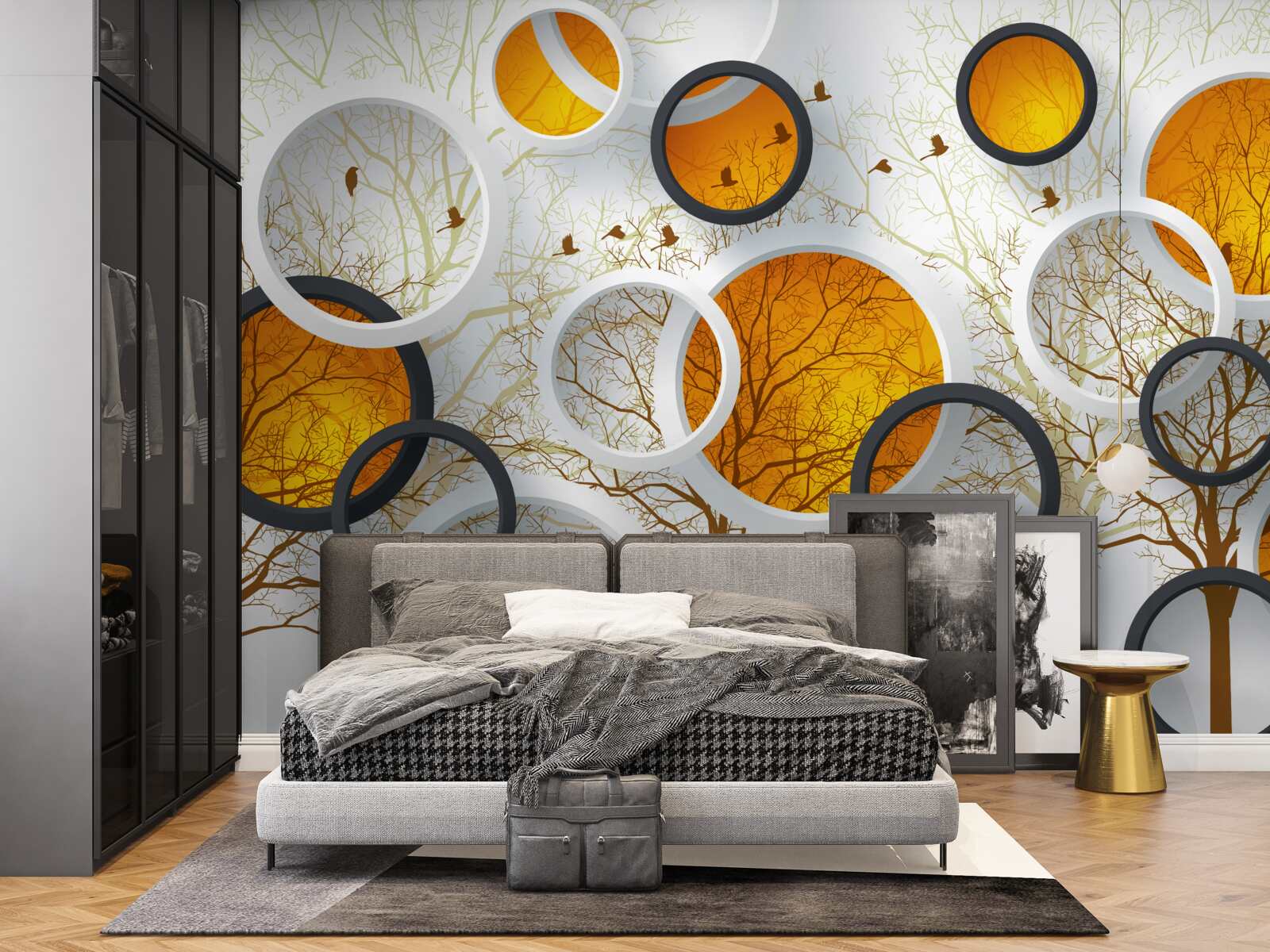 Papier peint des arbres en automne et des cercles blancs comme neige avec des