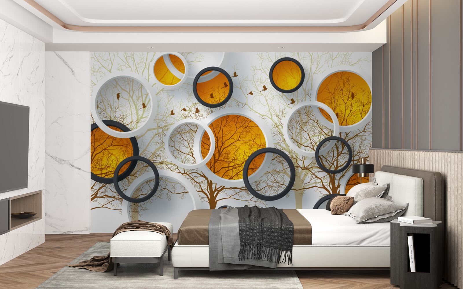 Papier peint des arbres en automne et des cercles blancs comme neige avec des