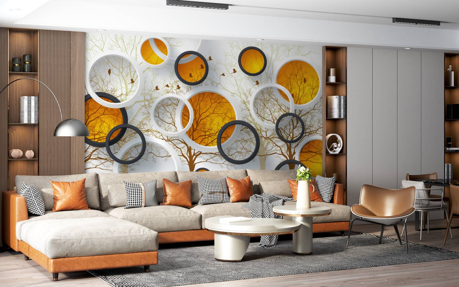 Papier peint des arbres en automne et des cercles blancs comme neige avec des