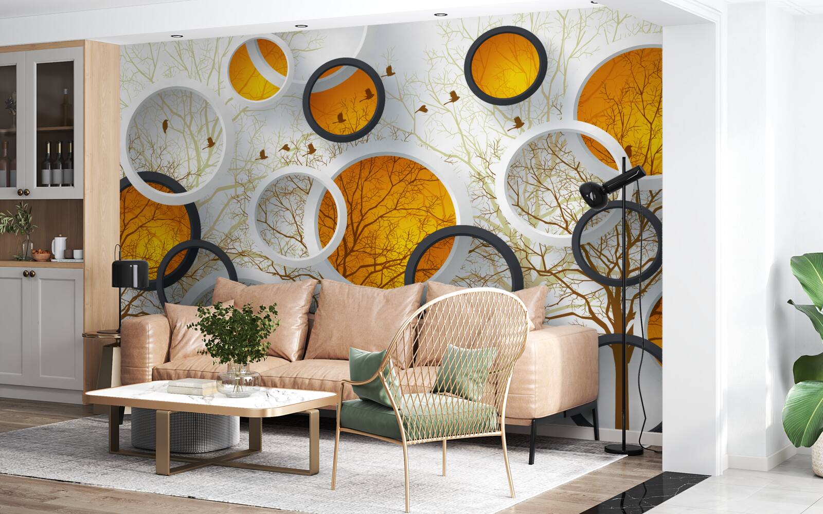 Papier peint des arbres en automne et des cercles blancs comme neige avec des