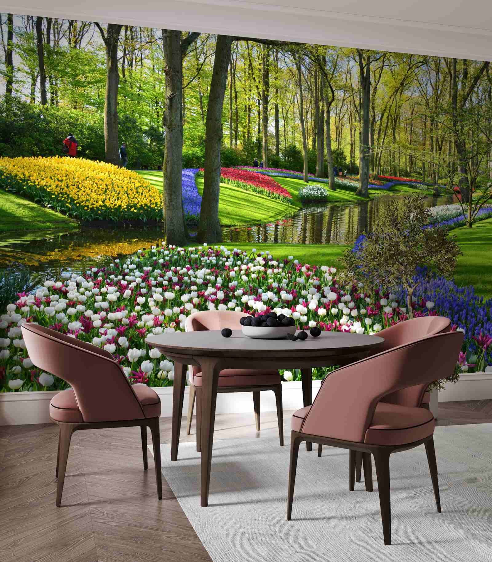 Papier peint magnifique chemin avec des tulipes près de l'eau