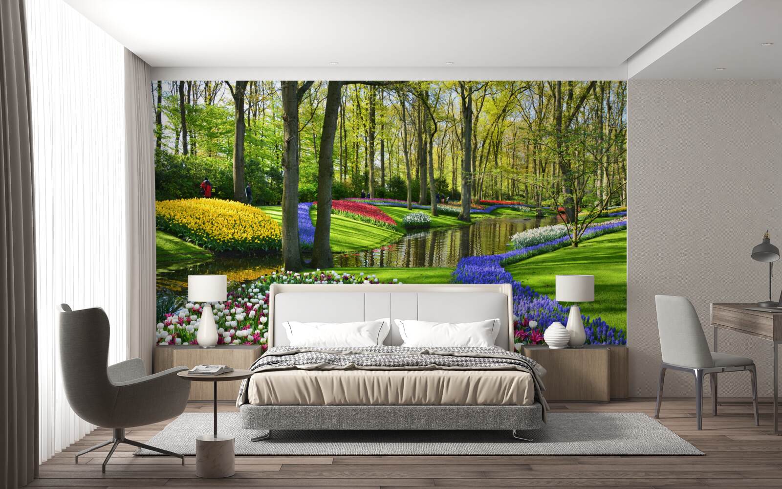 Papier peint magnifique chemin avec des tulipes près de l'eau