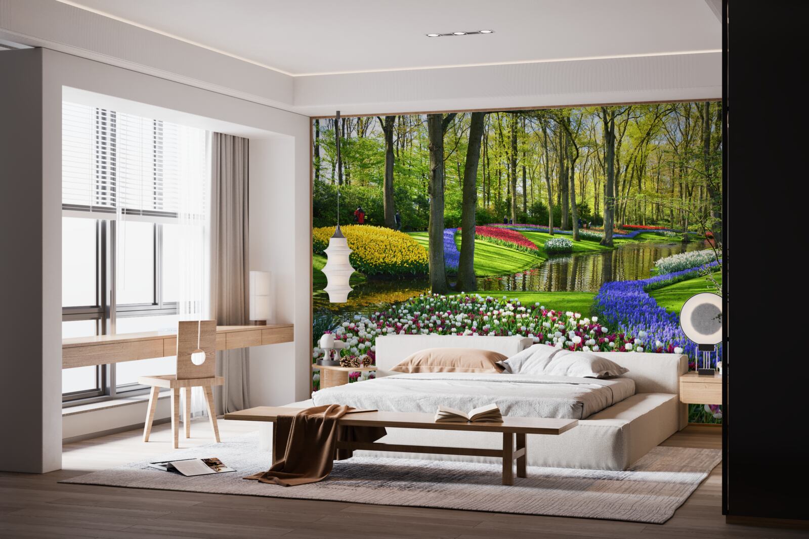 Papier peint magnifique chemin avec des tulipes près de l'eau