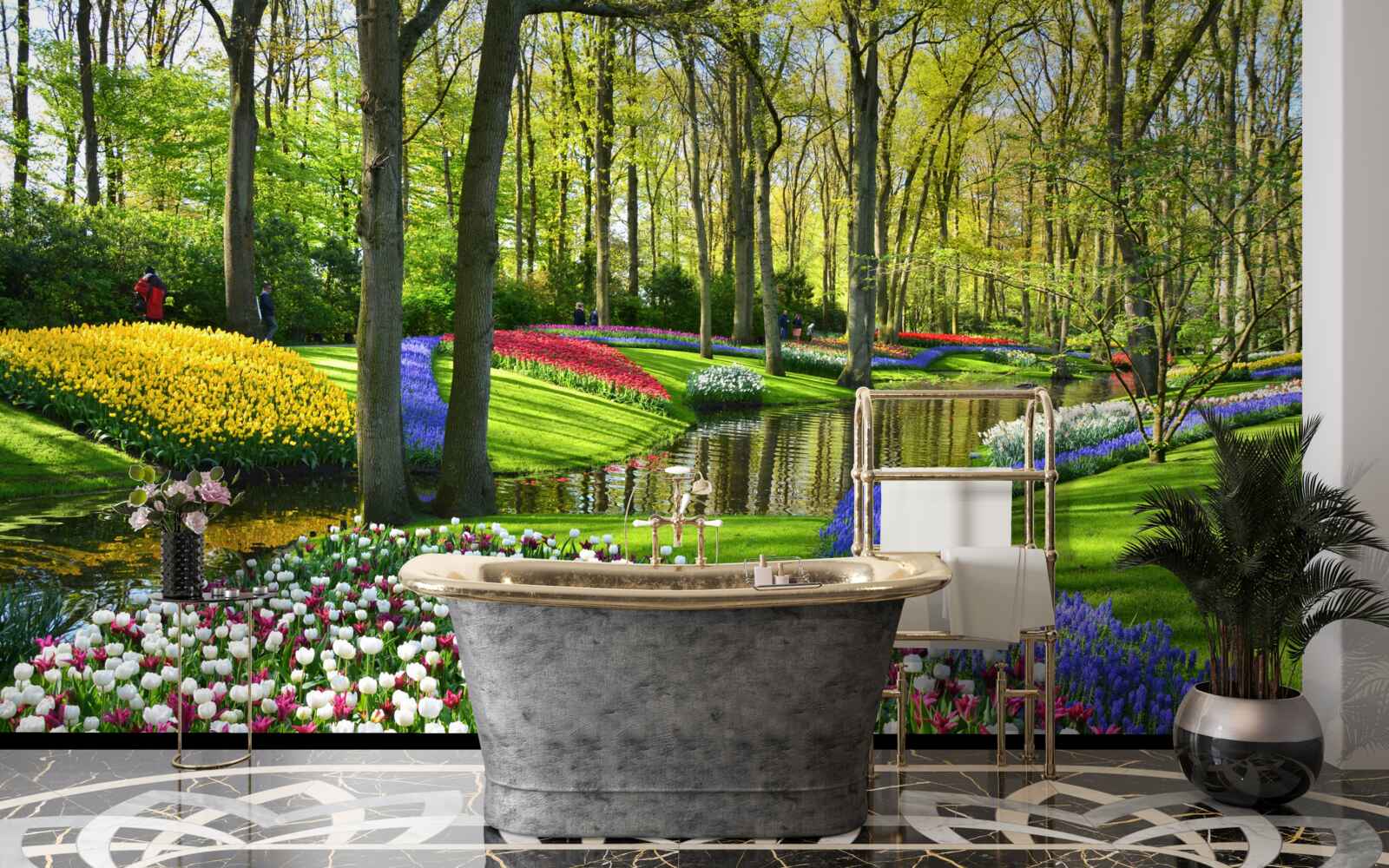 Papier peint magnifique chemin avec des tulipes près de l'eau