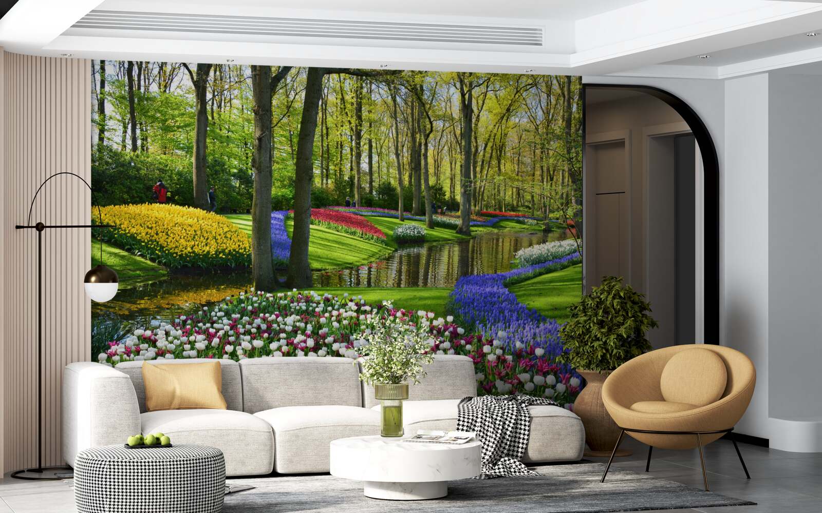 Papier peint magnifique chemin avec des tulipes près de l'eau