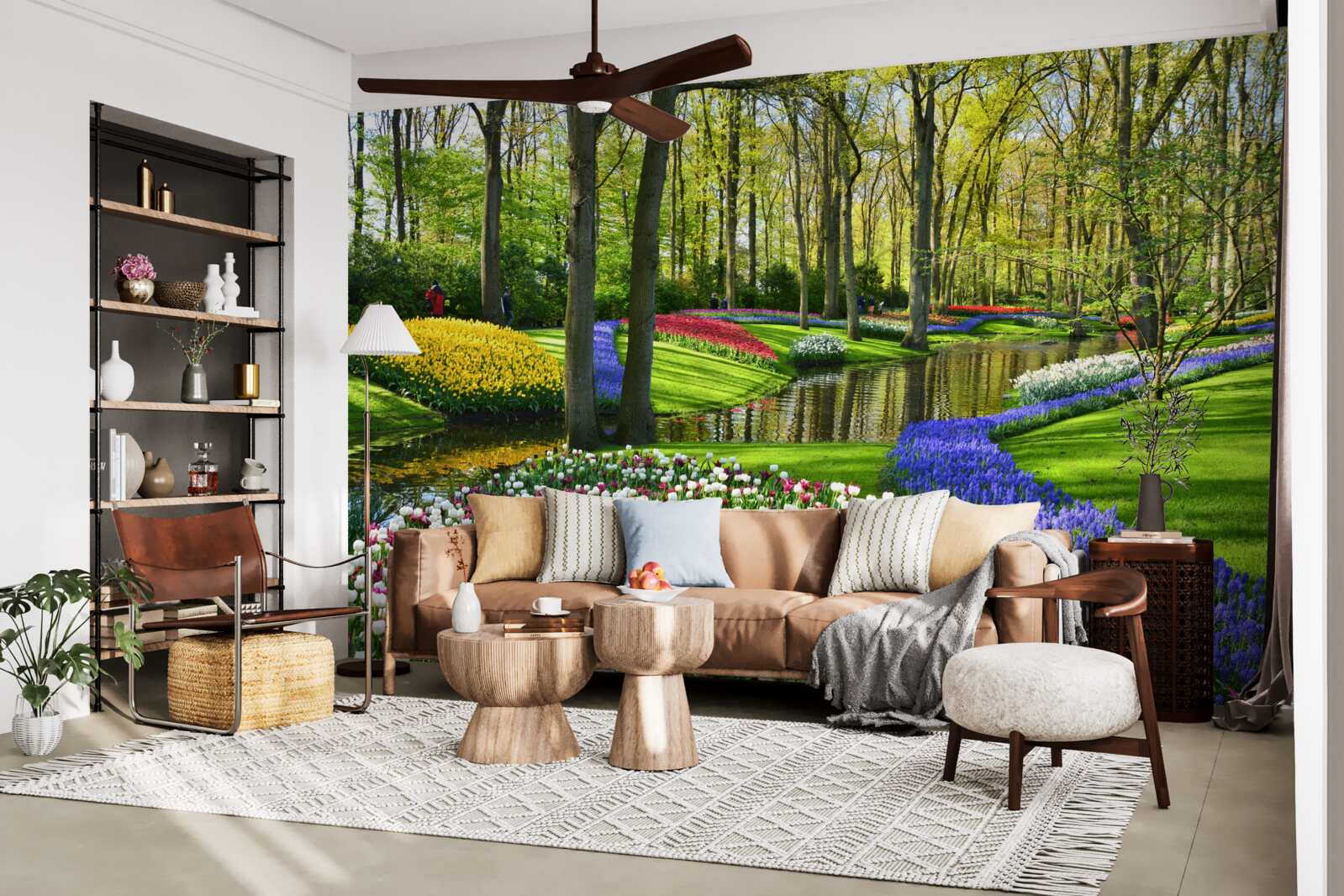 Papier peint magnifique chemin avec des tulipes près de l'eau