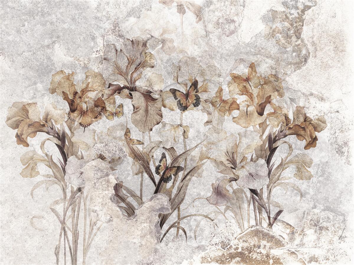 Papier peint feuilles d'automne cachées dans la brume et papillons