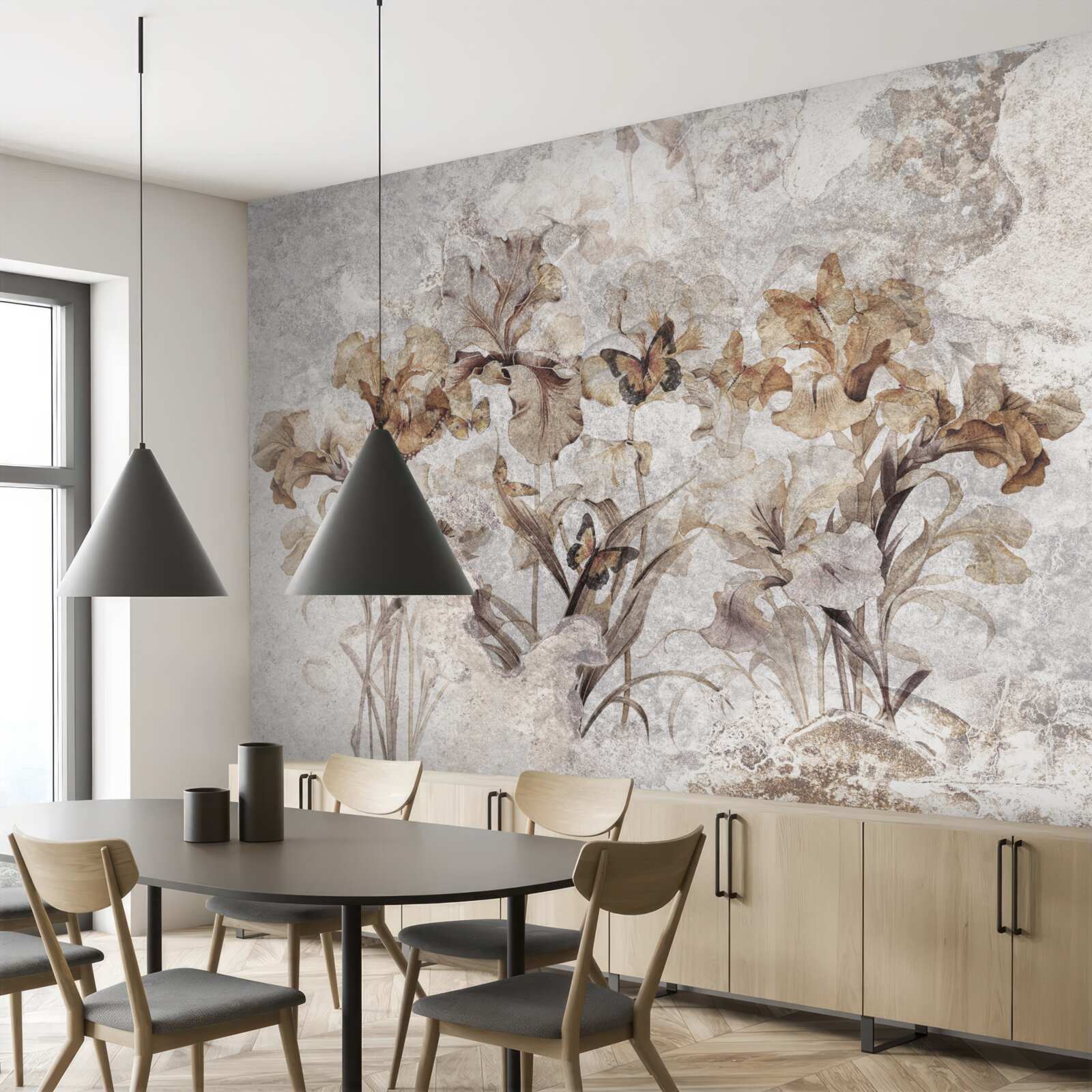 Papier peint feuilles d'automne cachées dans la brume et papillons