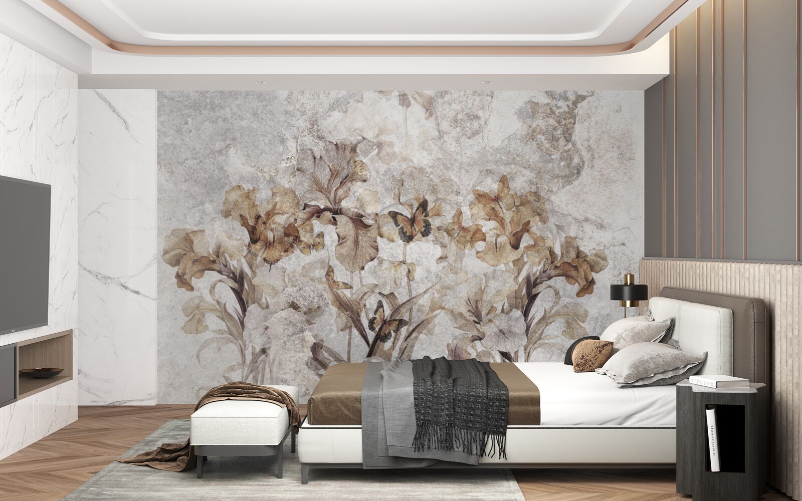 Papier peint feuilles d'automne cachées dans la brume et papillons