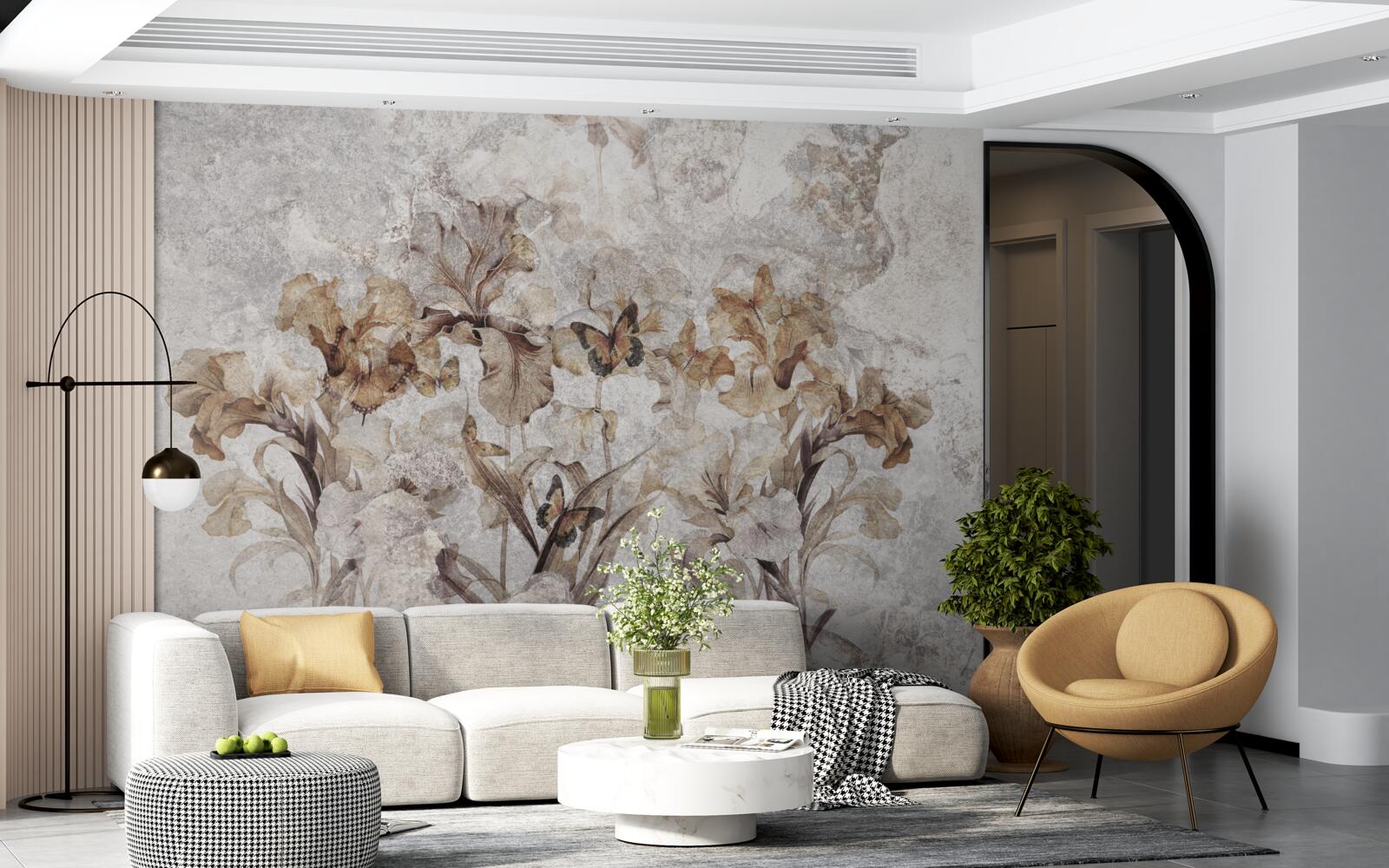 Papier peint feuilles d'automne cachées dans la brume et papillons