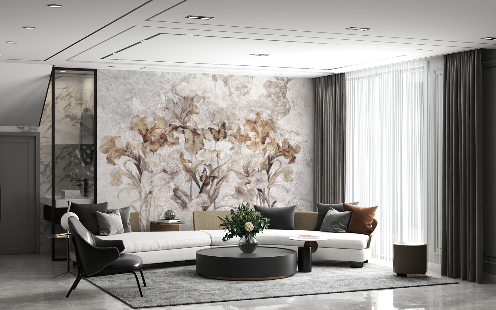 Papier peint feuilles d'automne cachées dans la brume et papillons