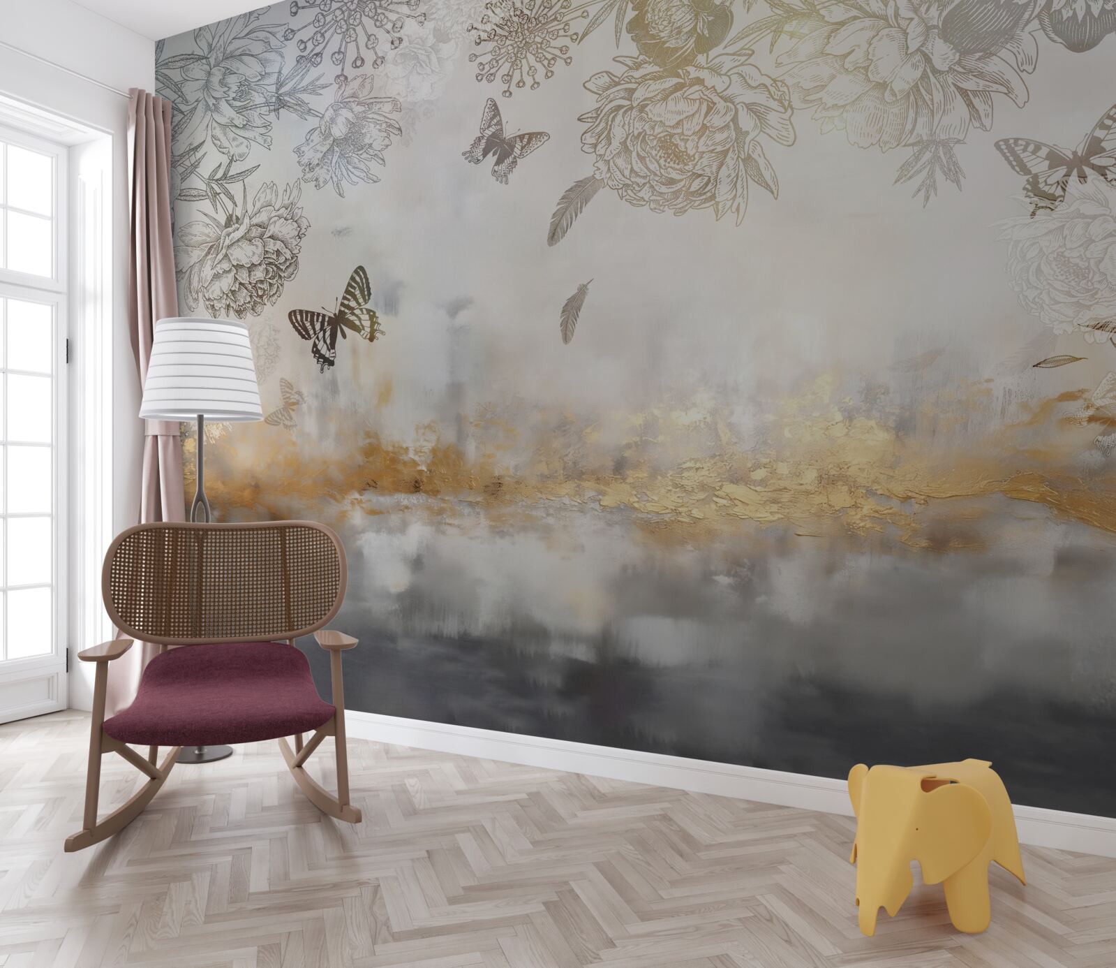 Papier peint les papillons volent au-dessus de l'eau brumeuse