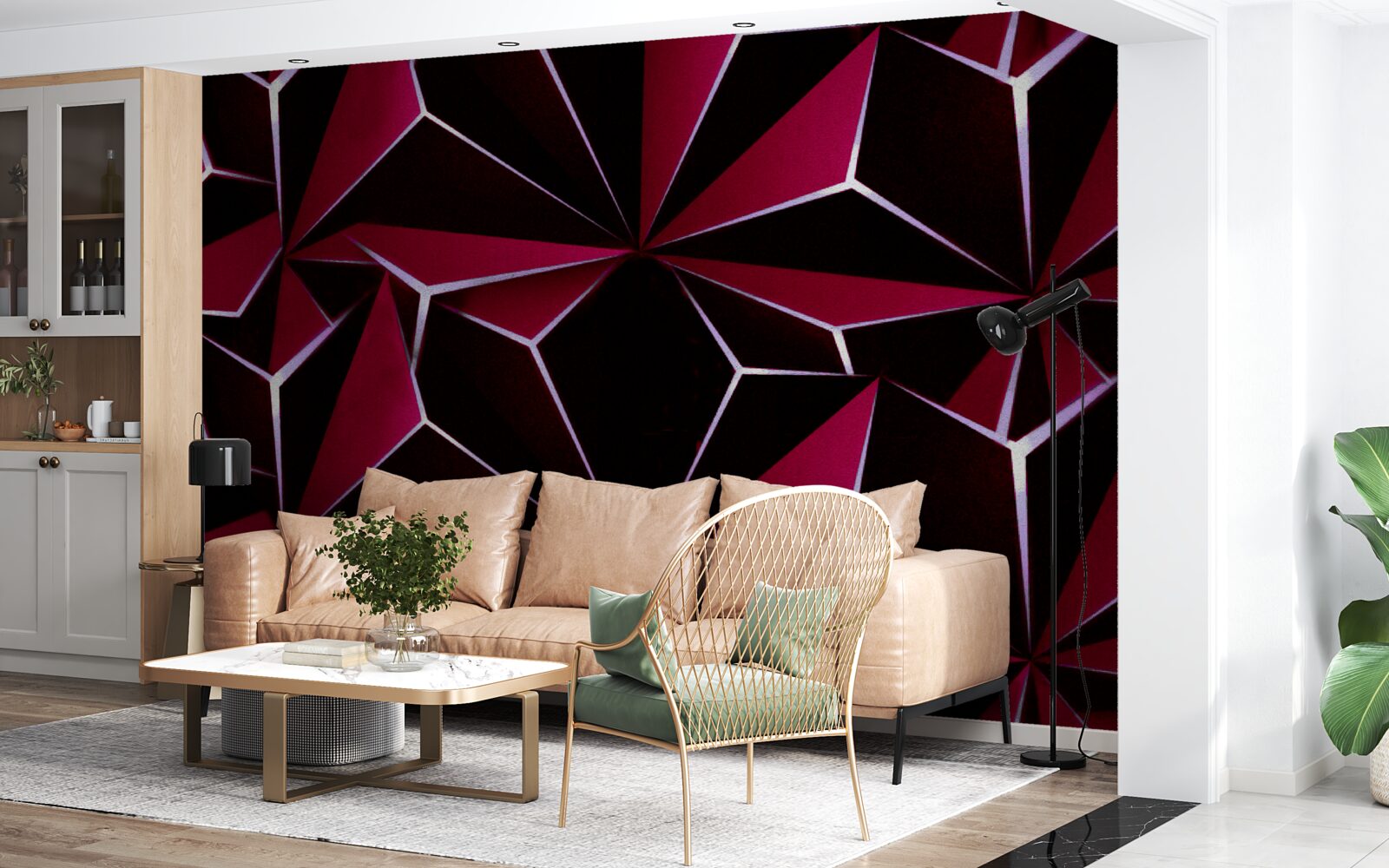 Papier peint pyramides tridimensionnelles bordeaux