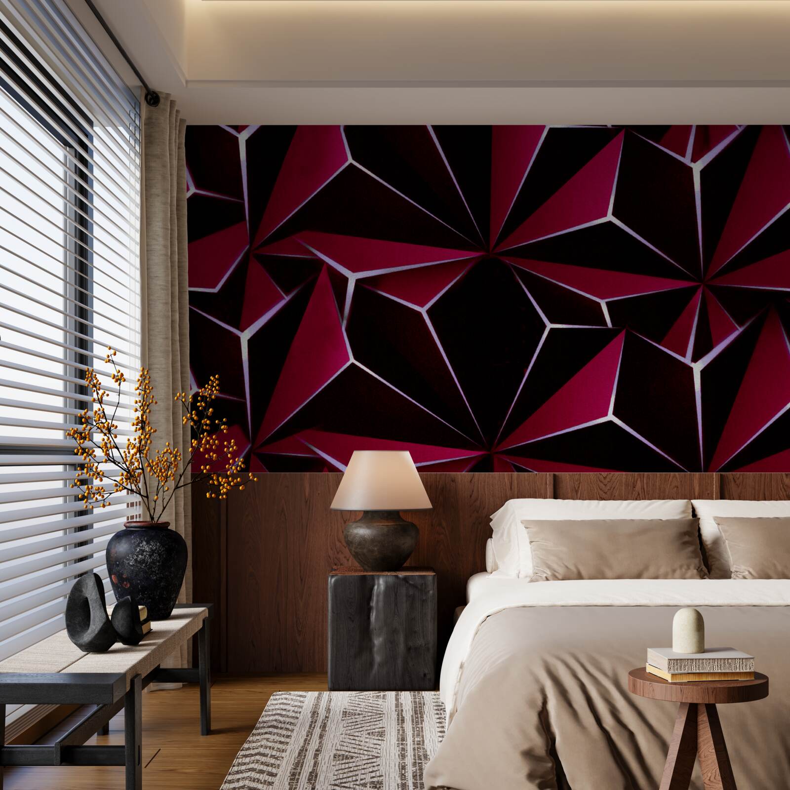 Papier peint pyramides tridimensionnelles bordeaux