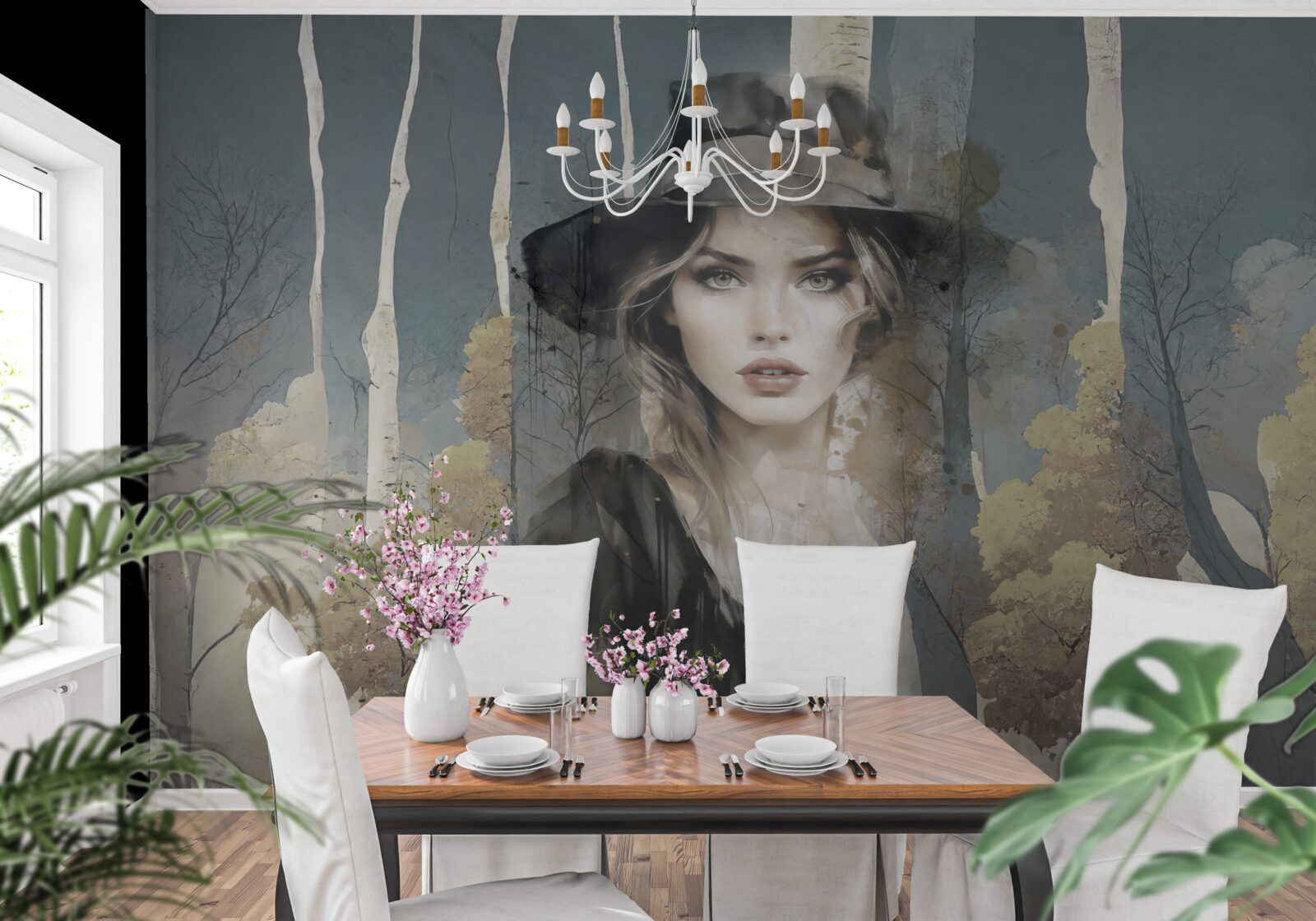 Papier peint résumé de la fille dans les bois avec un chapeau