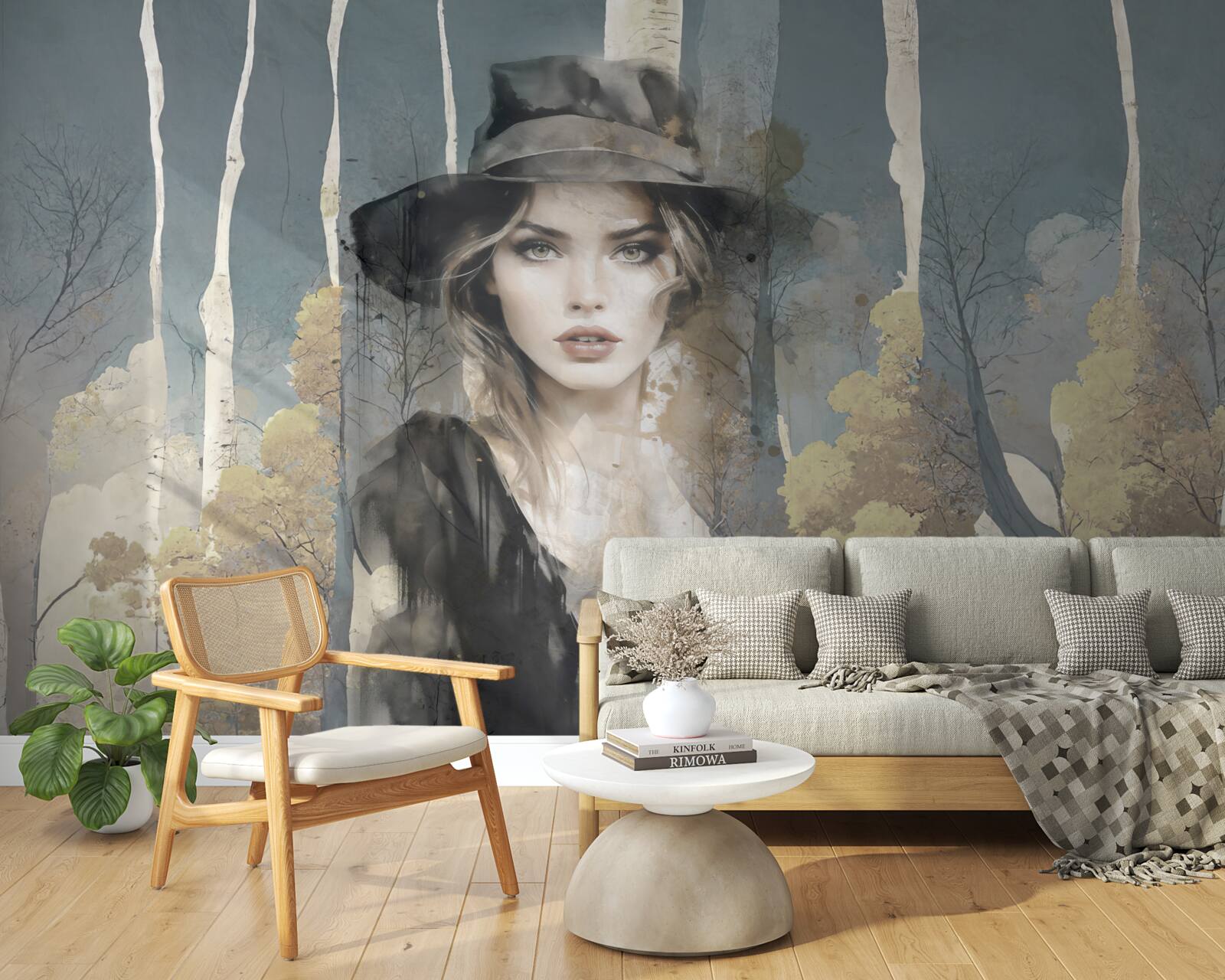 Papier peint résumé de la fille dans les bois avec un chapeau