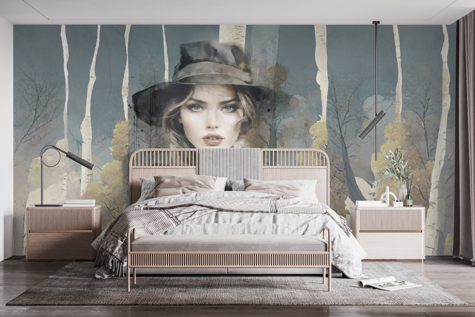 Papier peint résumé de la fille dans les bois avec un chapeau