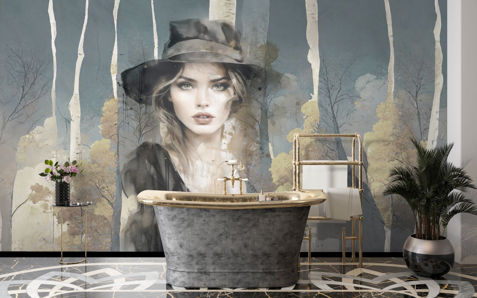 Papier peint résumé de la fille dans les bois avec un chapeau