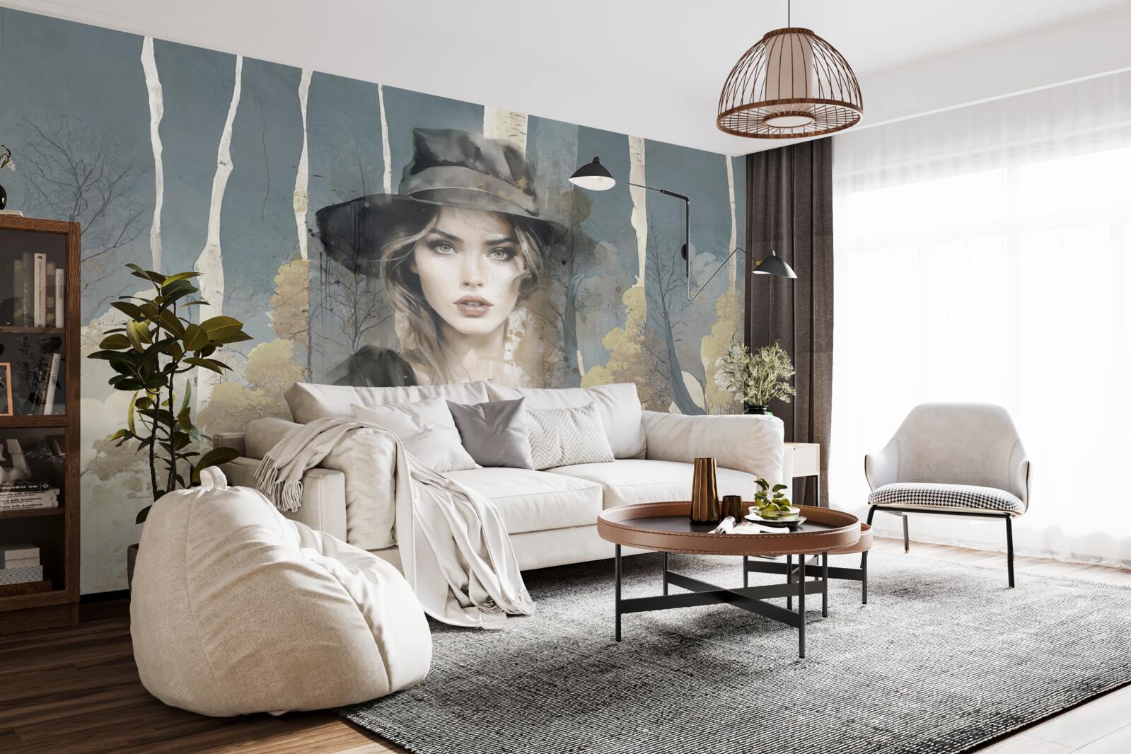 Papier peint résumé de la fille dans les bois avec un chapeau