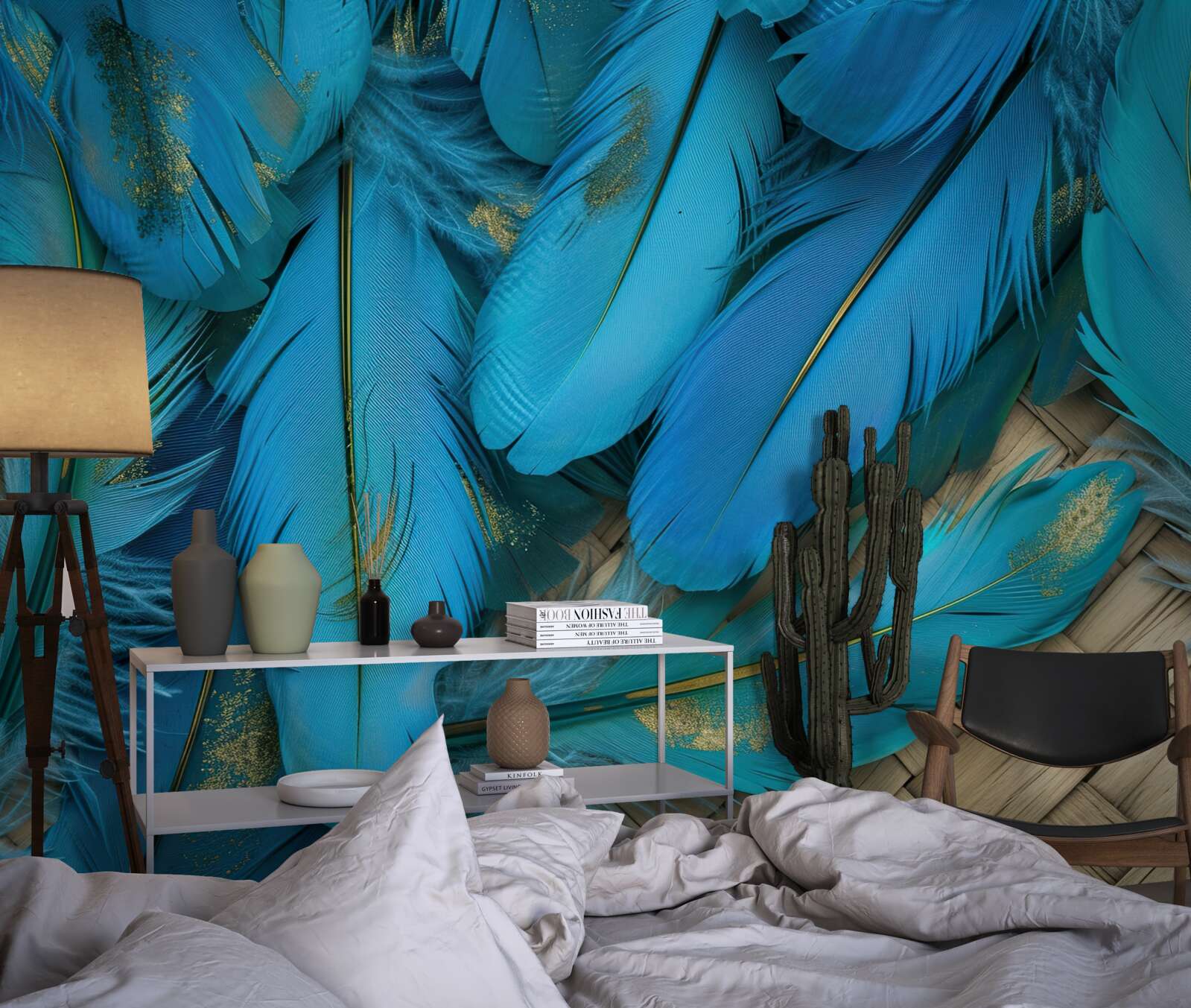 Papier peint belles plumes duveteuses d'une riche couleur bleue