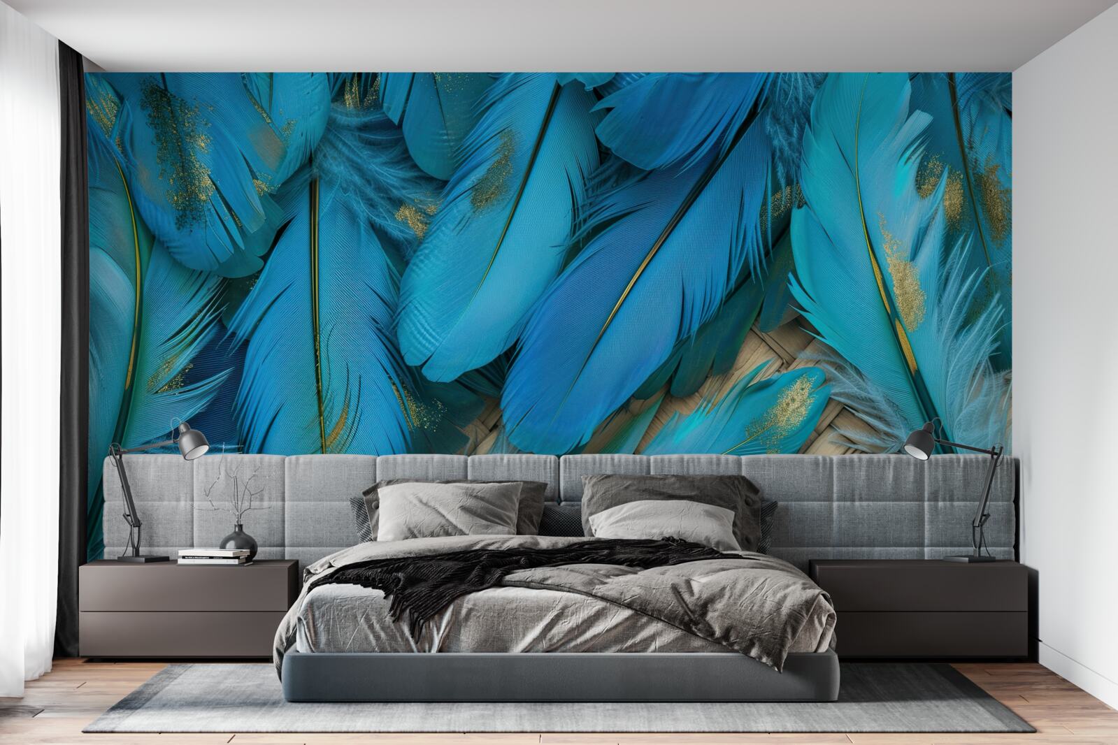 Papier peint belles plumes duveteuses d'une riche couleur bleue