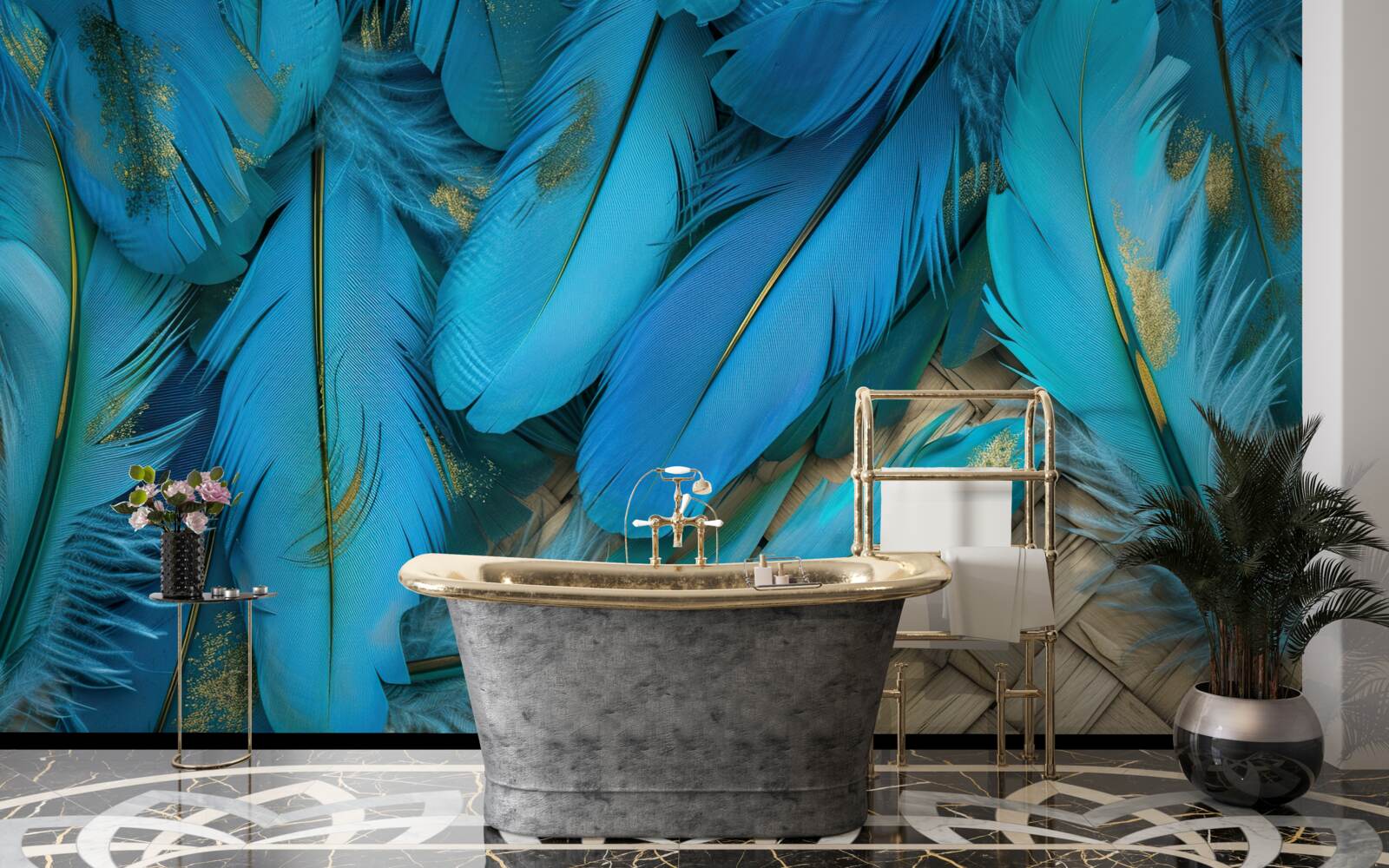 Papier peint belles plumes duveteuses d'une riche couleur bleue