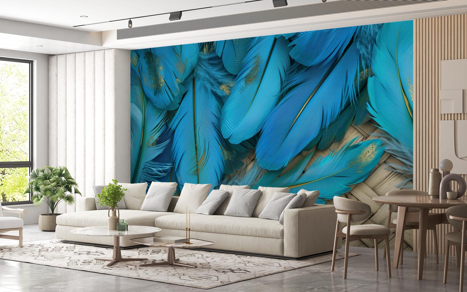 Papier peint belles plumes duveteuses d'une riche couleur bleue