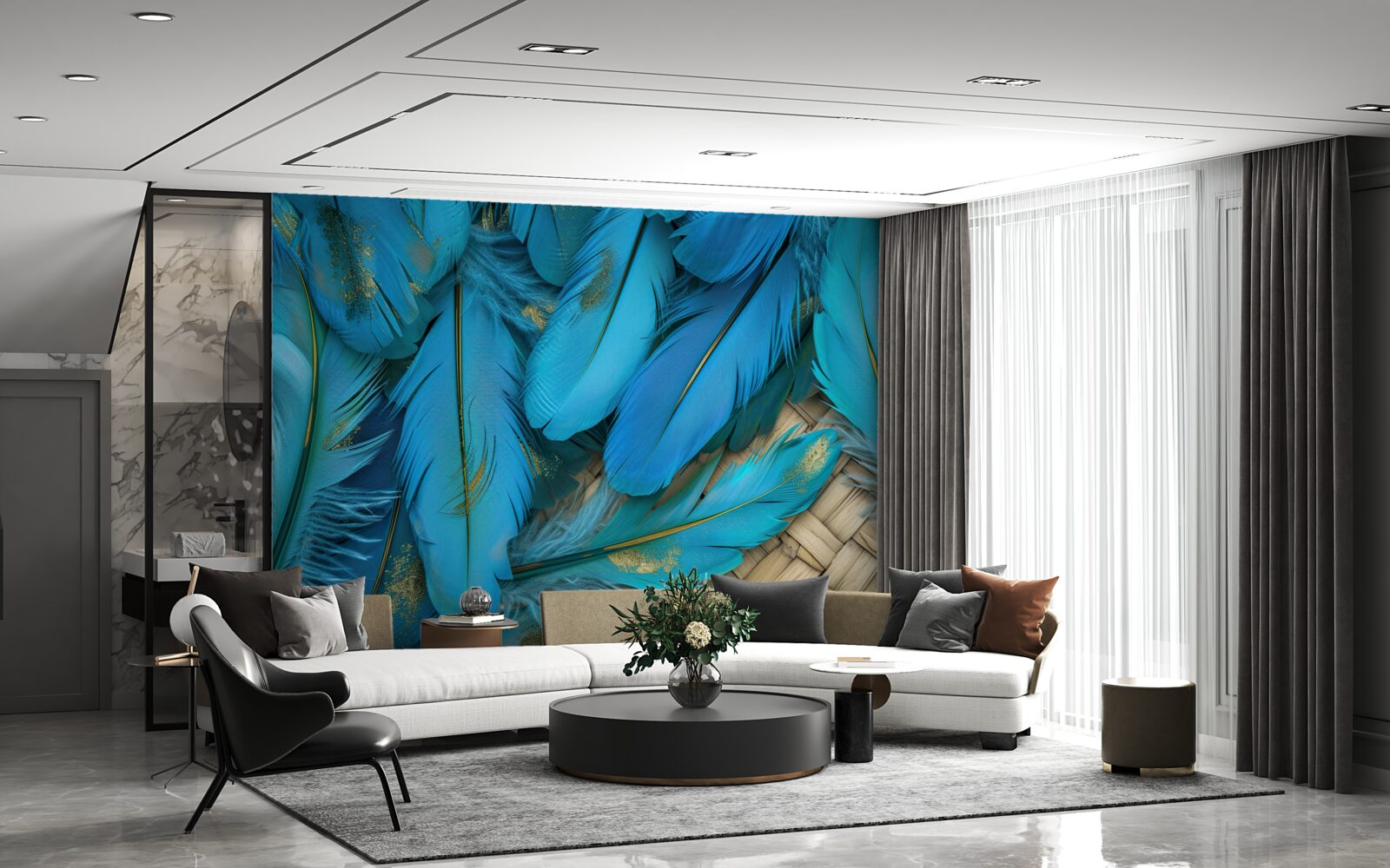 Papier peint belles plumes duveteuses d'une riche couleur bleue