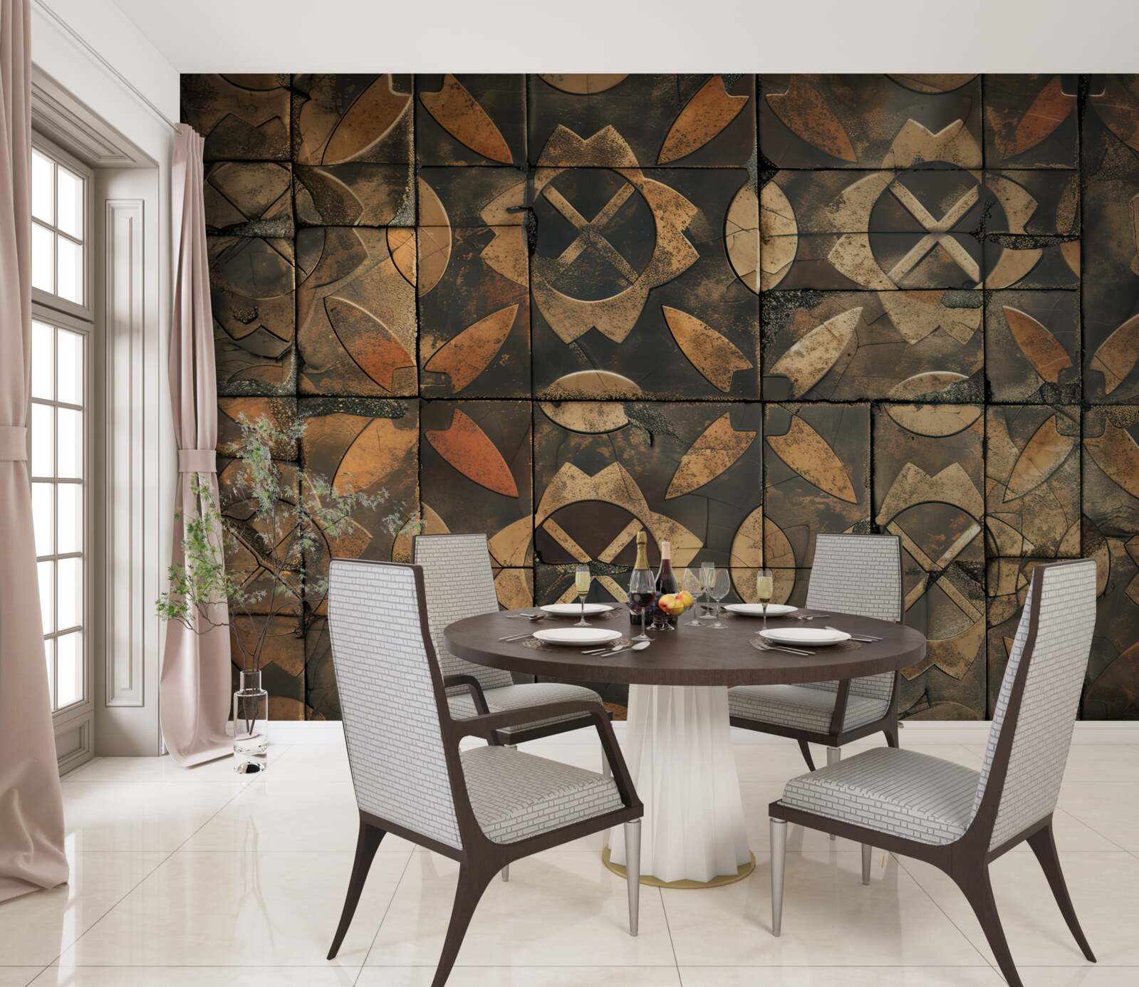 Papier peint composition géométrique avec des éléments de feuilles