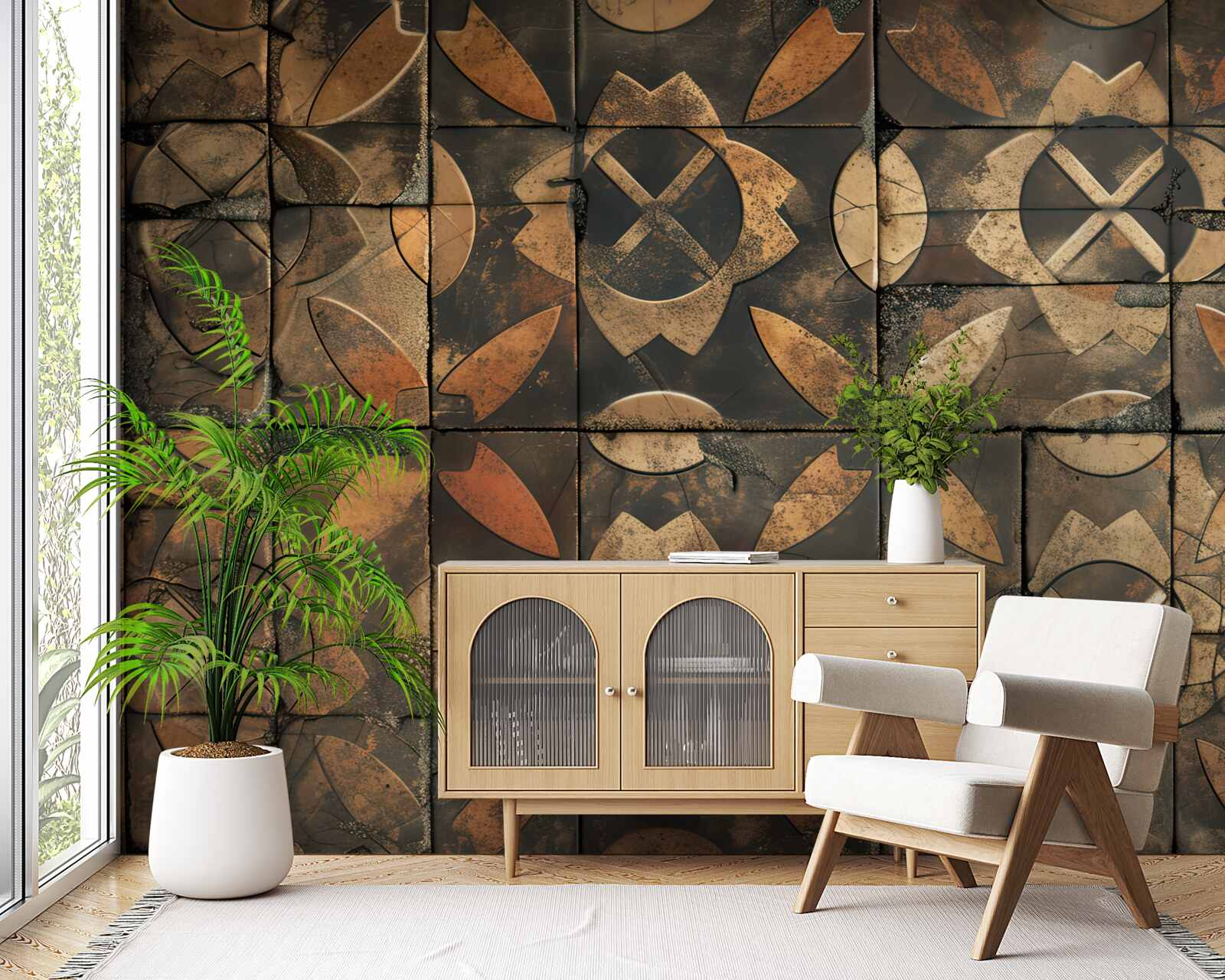 Papier peint composition géométrique avec des éléments de feuilles