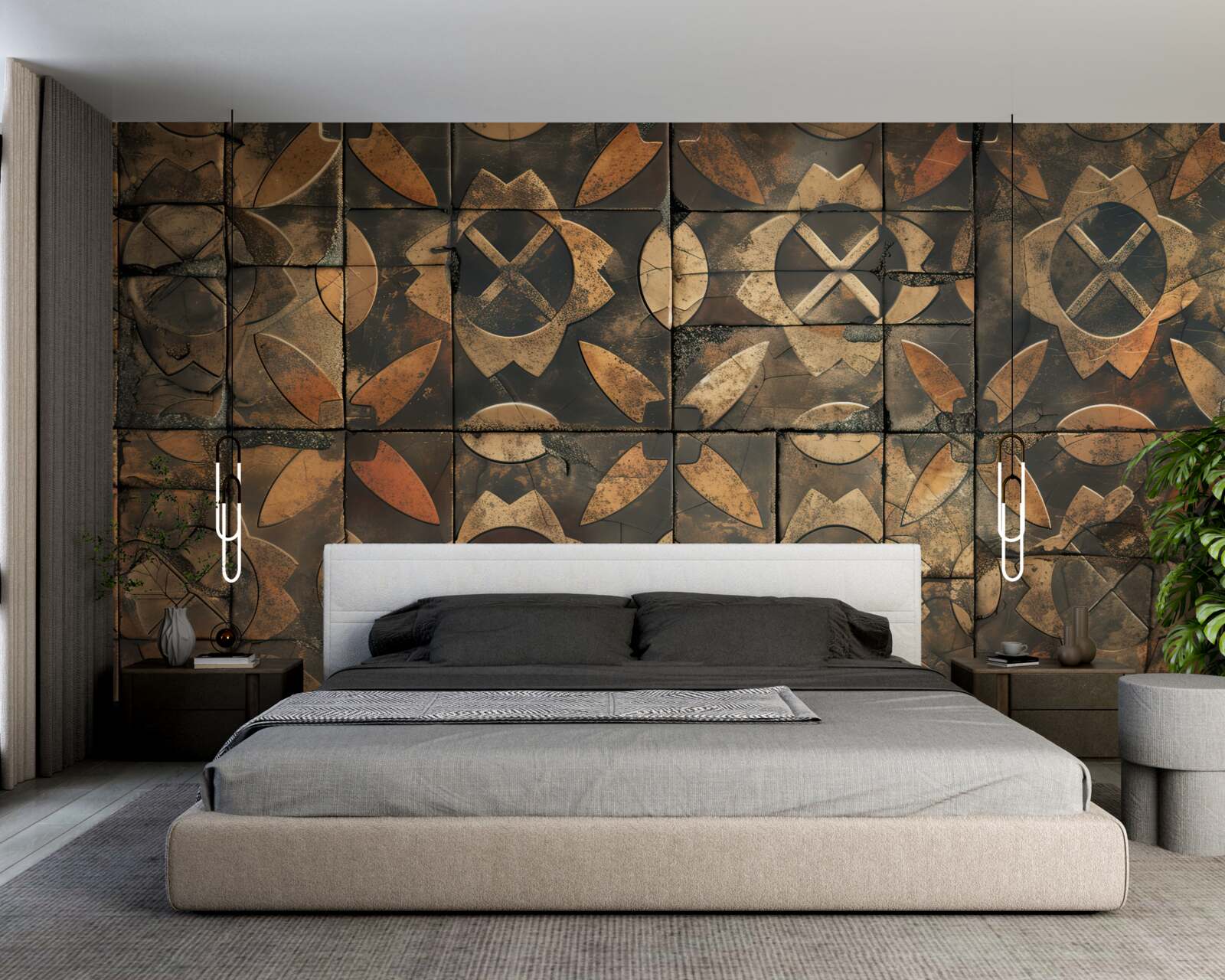 Papier peint composition géométrique avec des éléments de feuilles