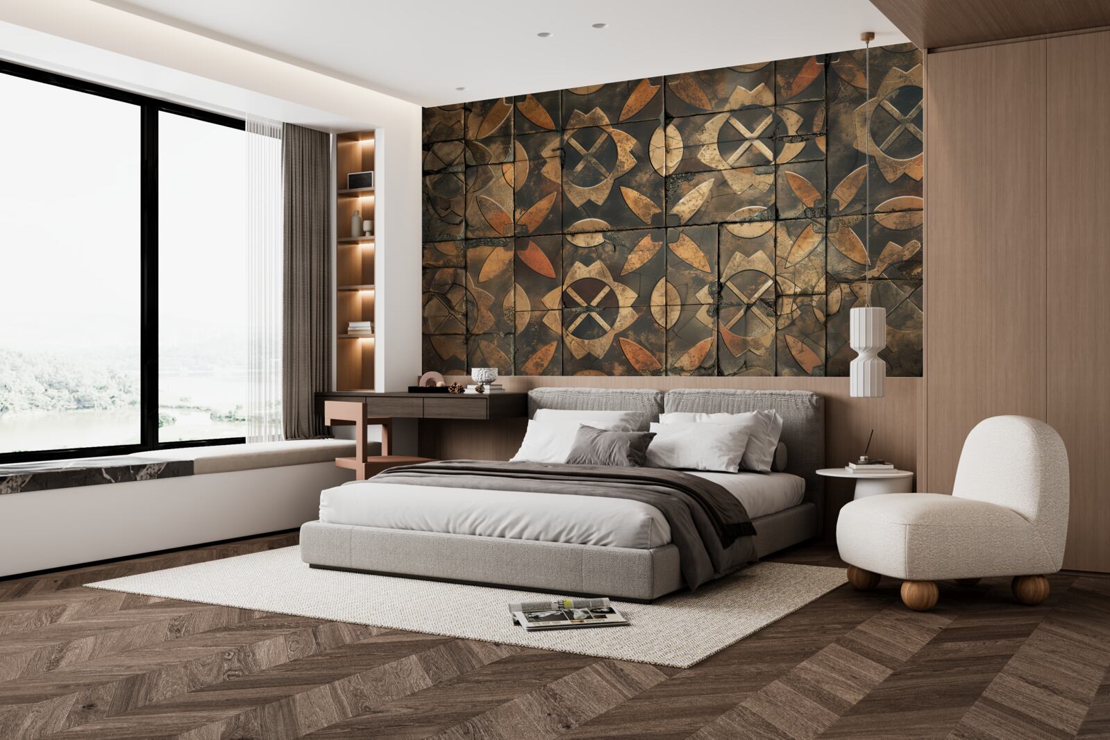 Papier peint composition géométrique avec des éléments de feuilles