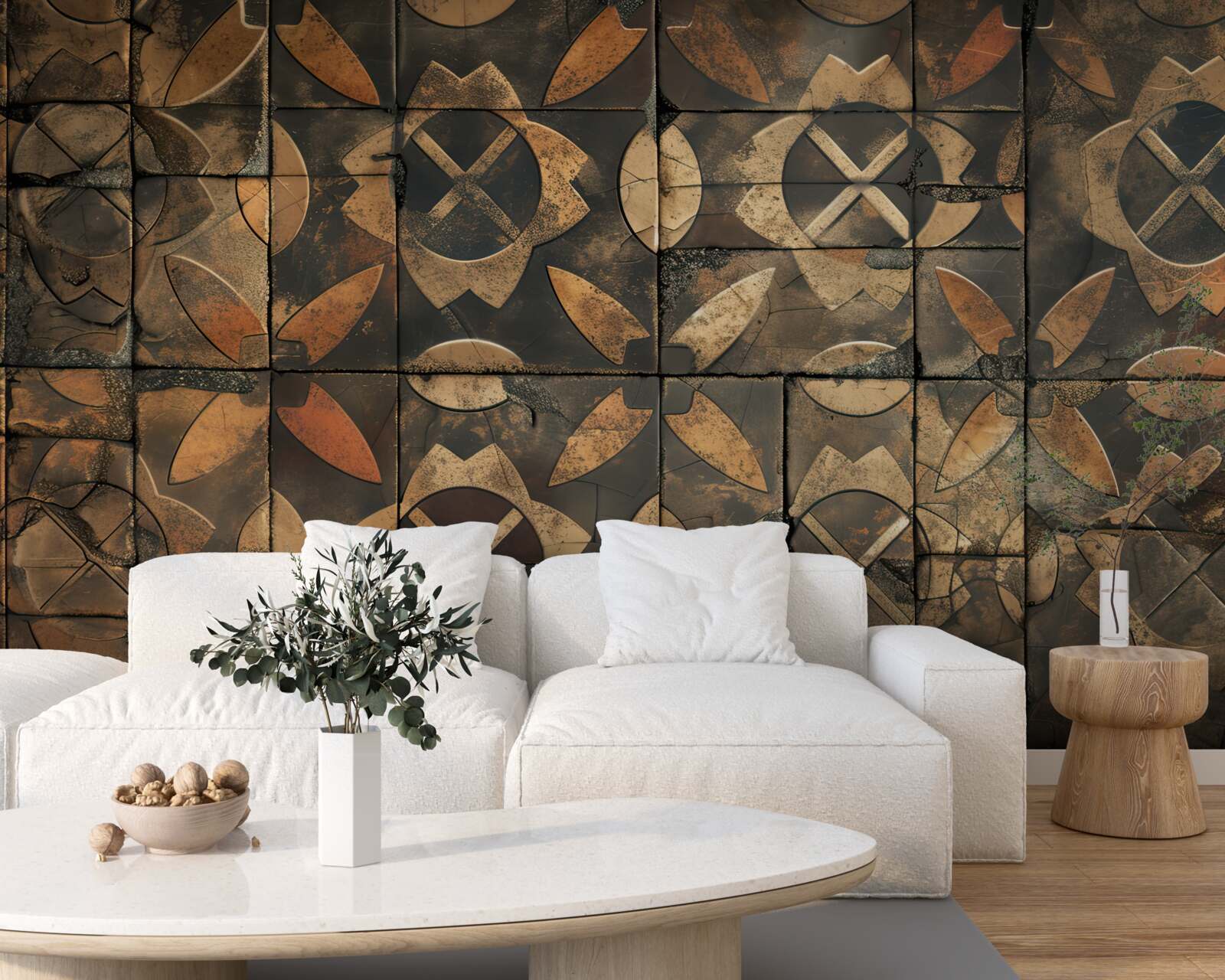 Papier peint composition géométrique avec des éléments de feuilles