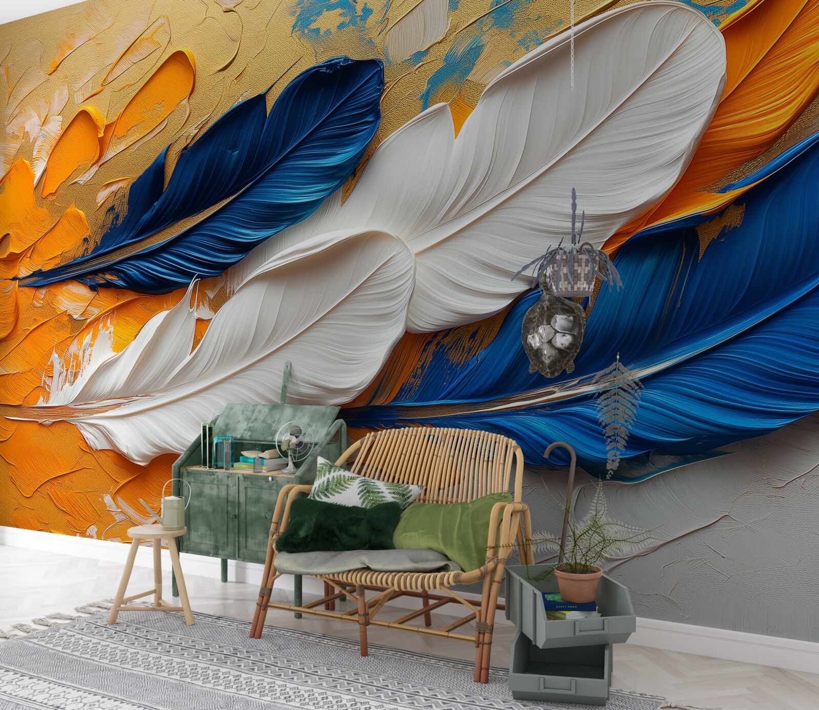 Papier peint peinture avec des plumes blanches et bleues