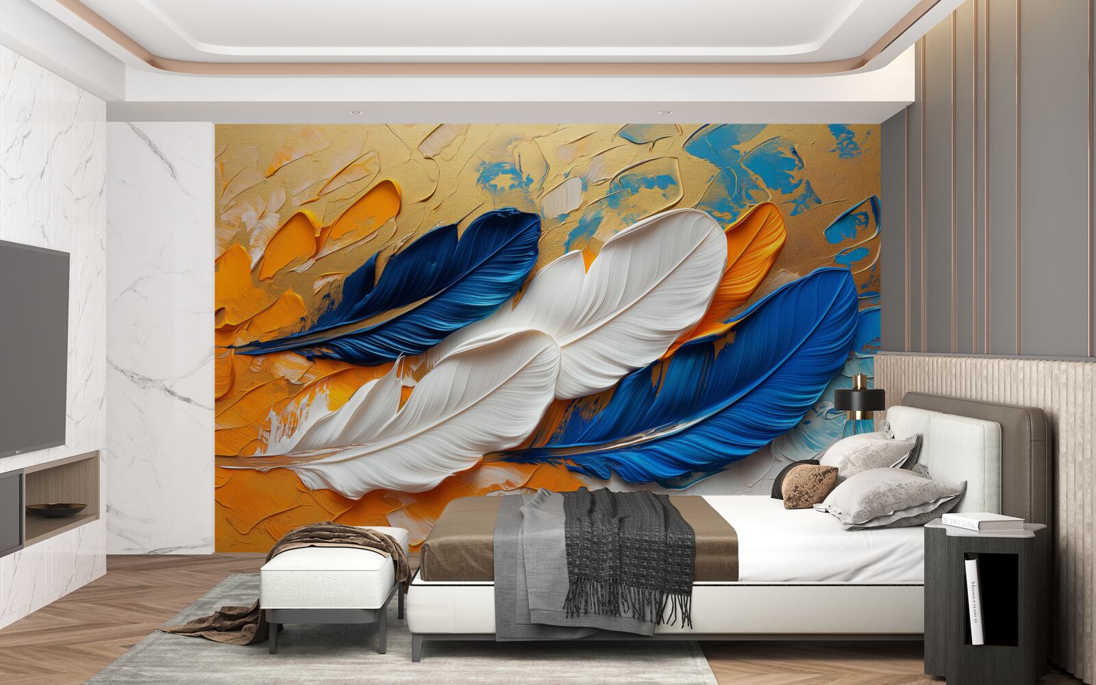 Papier peint peinture avec des plumes blanches et bleues