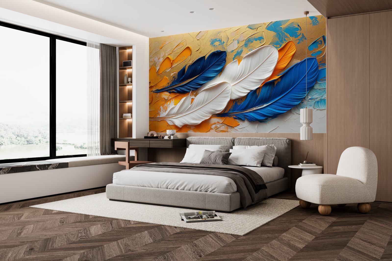 Papier peint peinture avec des plumes blanches et bleues