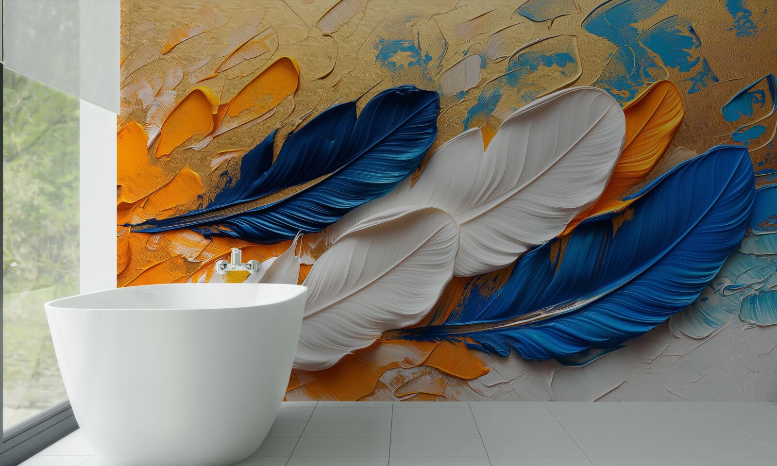 Papier peint peinture avec des plumes blanches et bleues