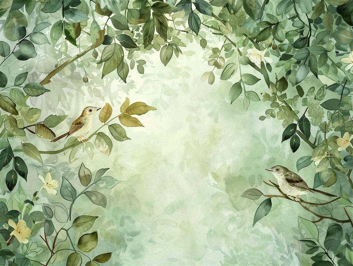 Papier peint des oiseaux parmi les feuilles vertes des arbres