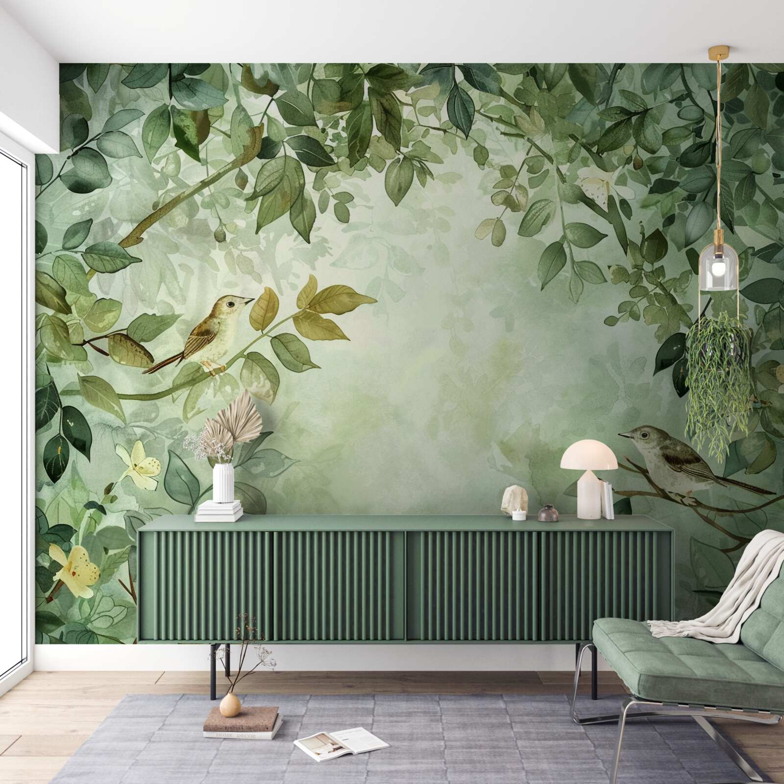 Papier peint des oiseaux parmi les feuilles vertes des arbres