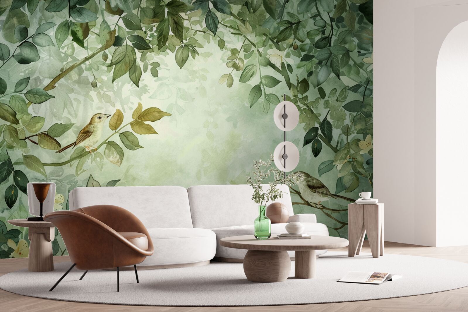 Papier peint des oiseaux parmi les feuilles vertes des arbres