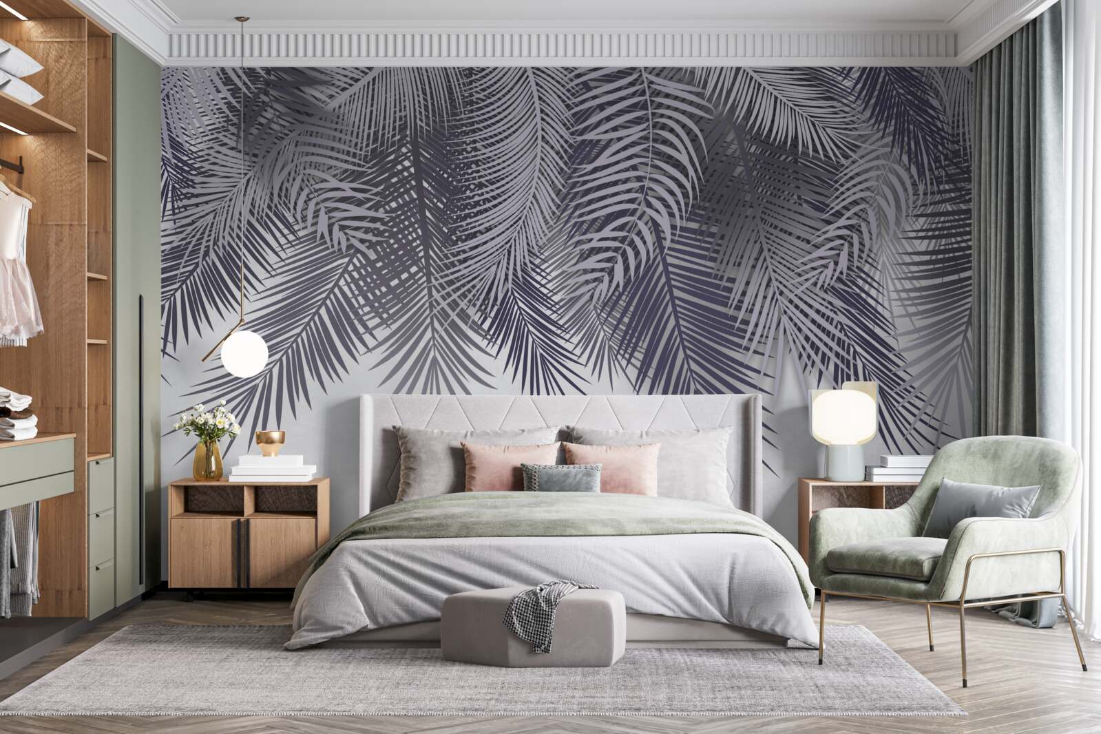 Papier peint la nuit, les feuilles de fougère tombent