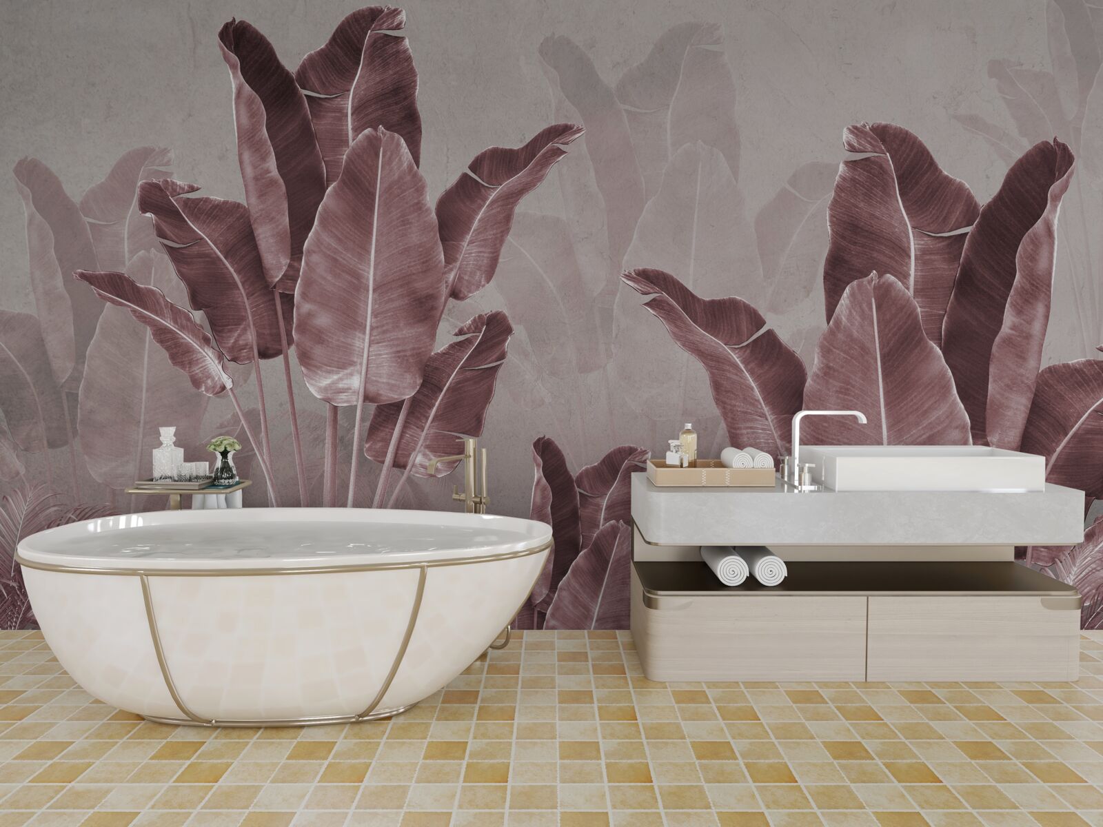 Papier peint les grandes feuilles de palmier sont rouges