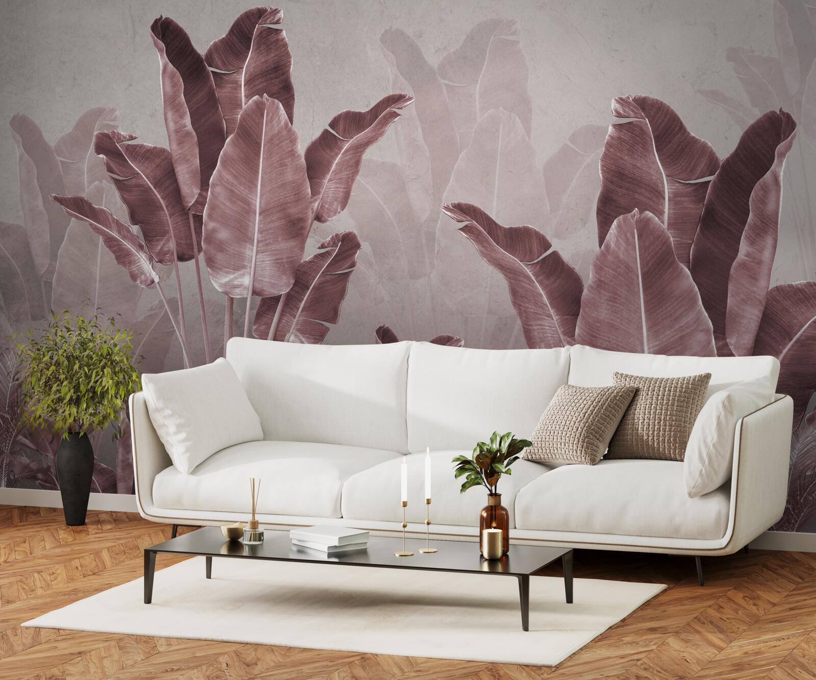 Papier peint les grandes feuilles de palmier sont rouges