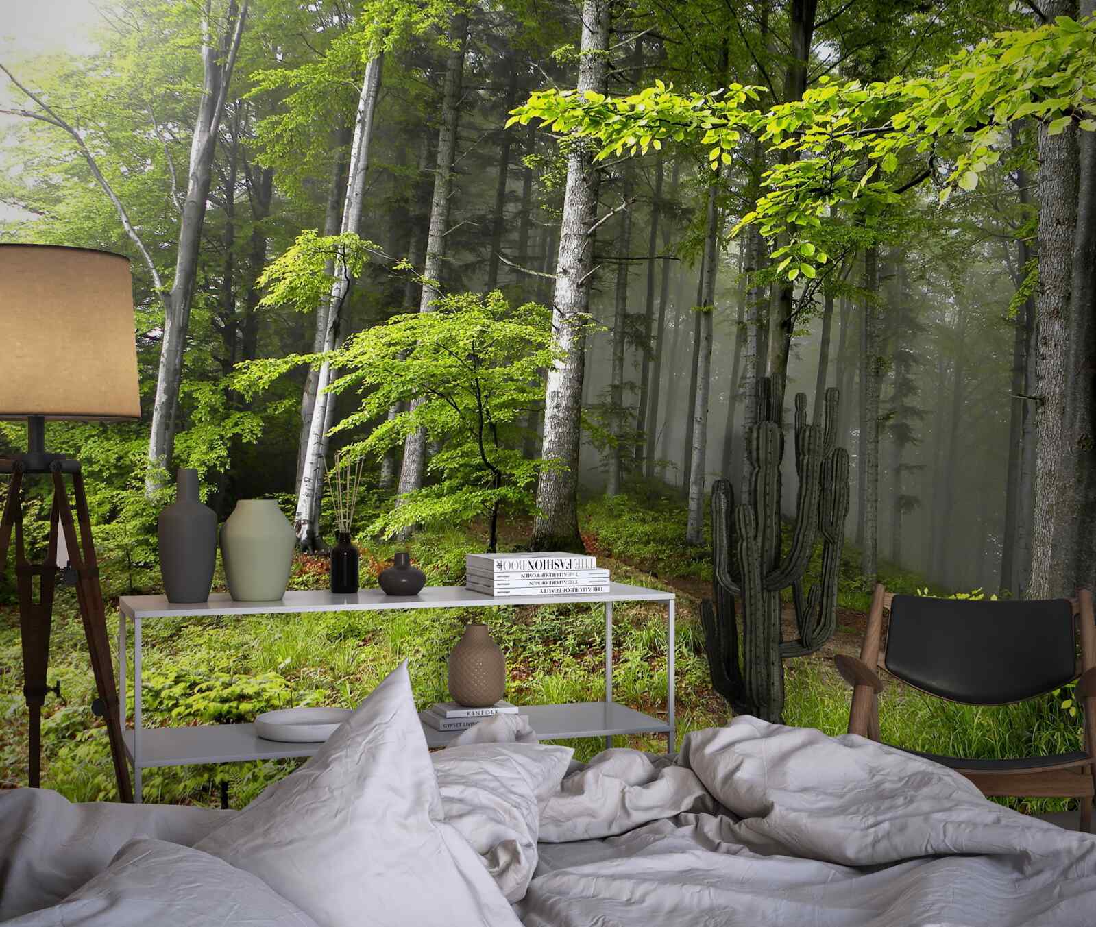 Papier peint forêt brumeuse avec des feuilles