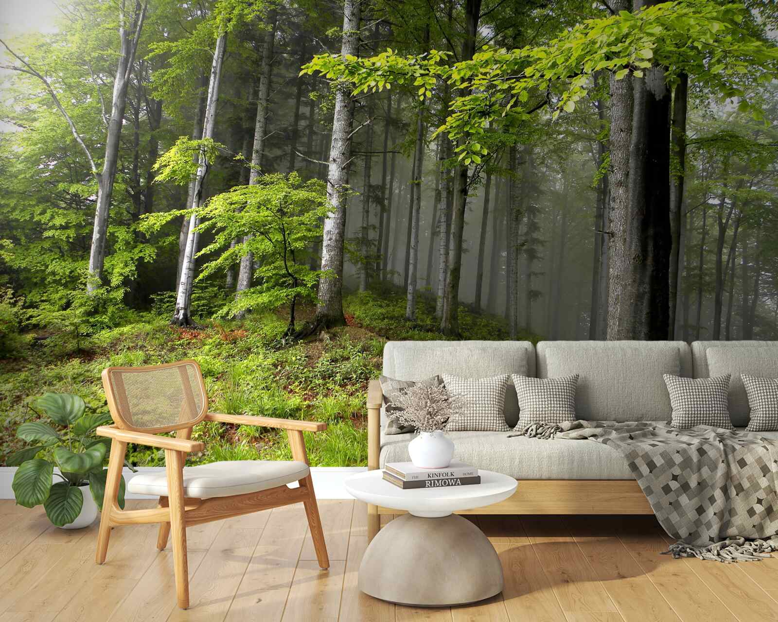 Papier peint forêt brumeuse avec des feuilles