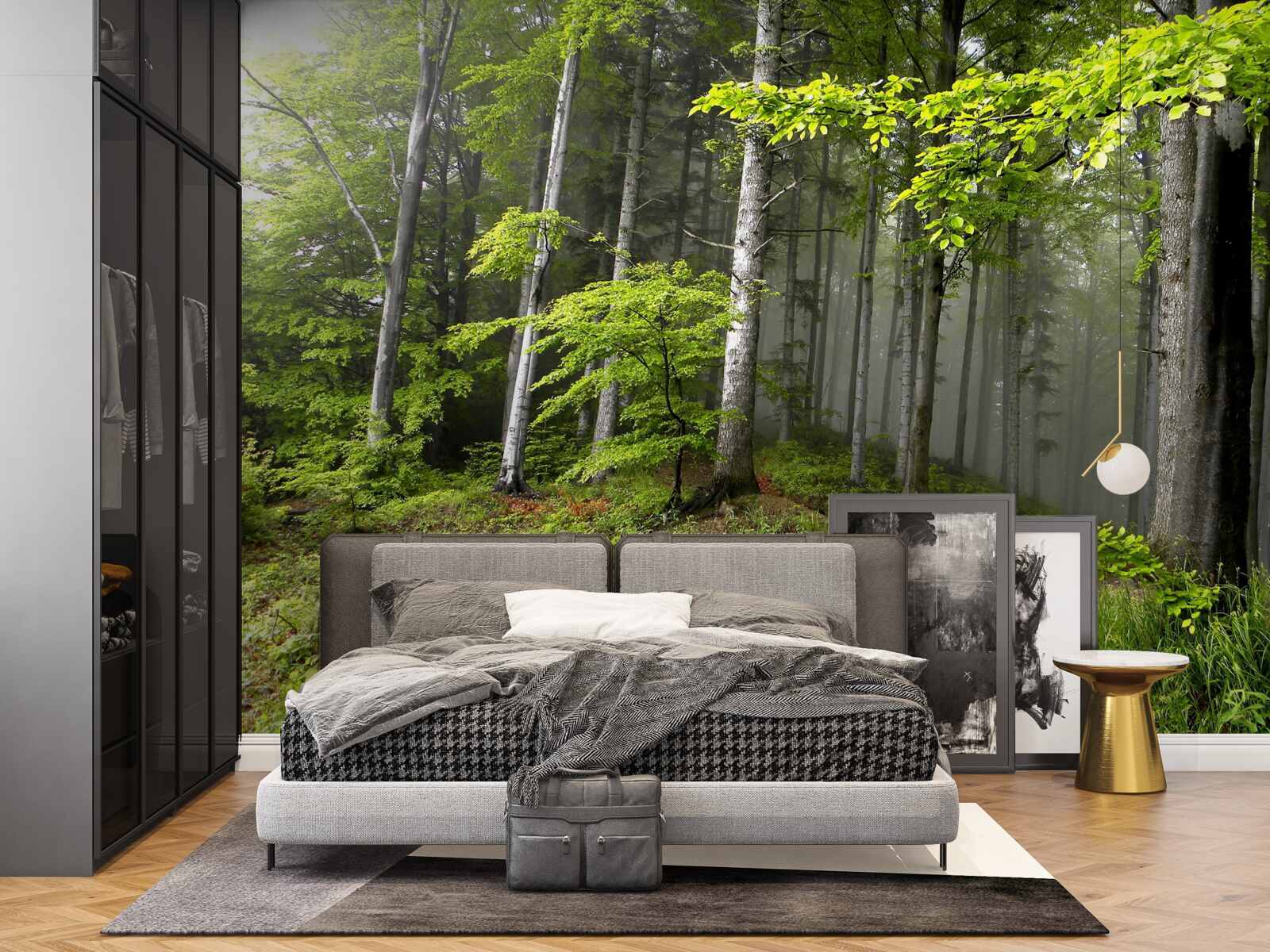 Papier peint forêt brumeuse avec des feuilles