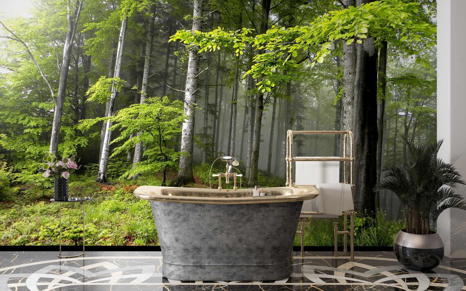 Papier peint forêt brumeuse avec des feuilles